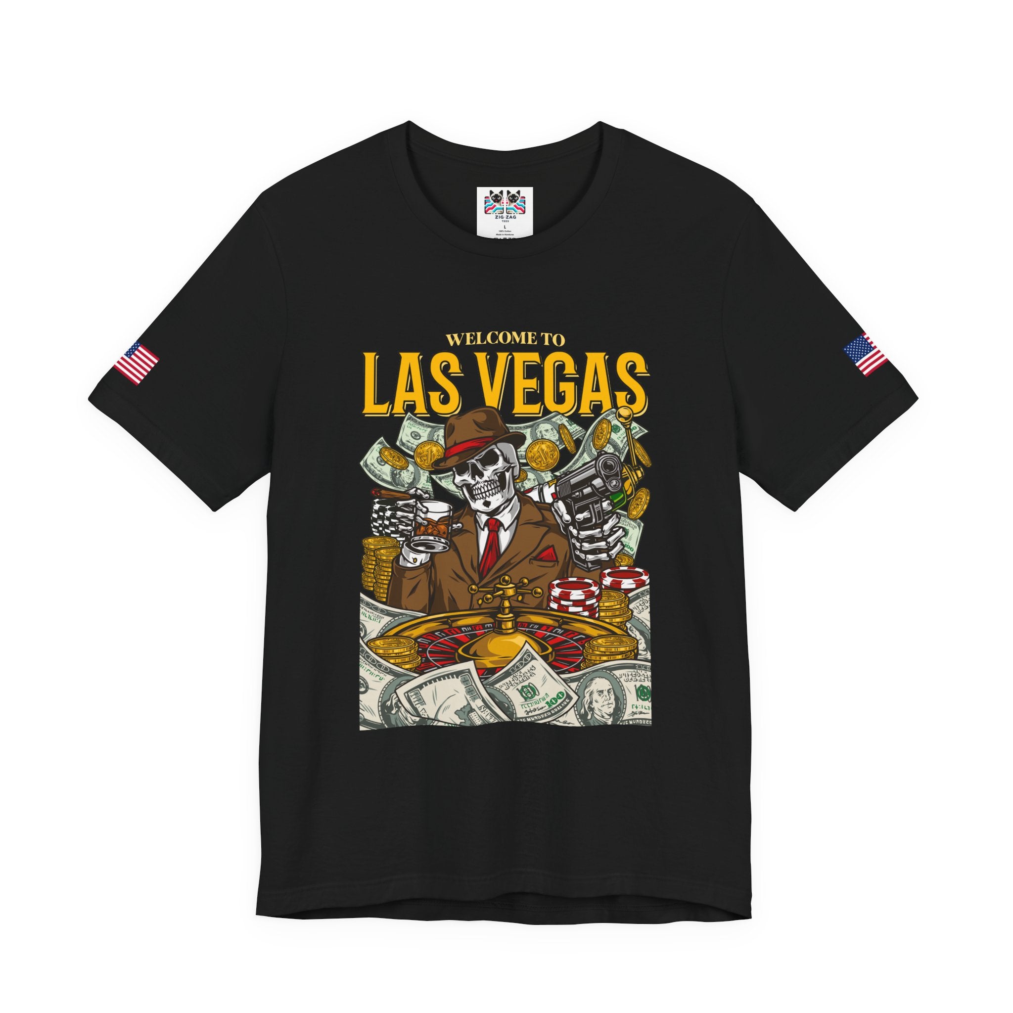 Welcome to Las Vegas Skeleton Gangster T-Shirt – Skull Casino Roulette Graphic Tee