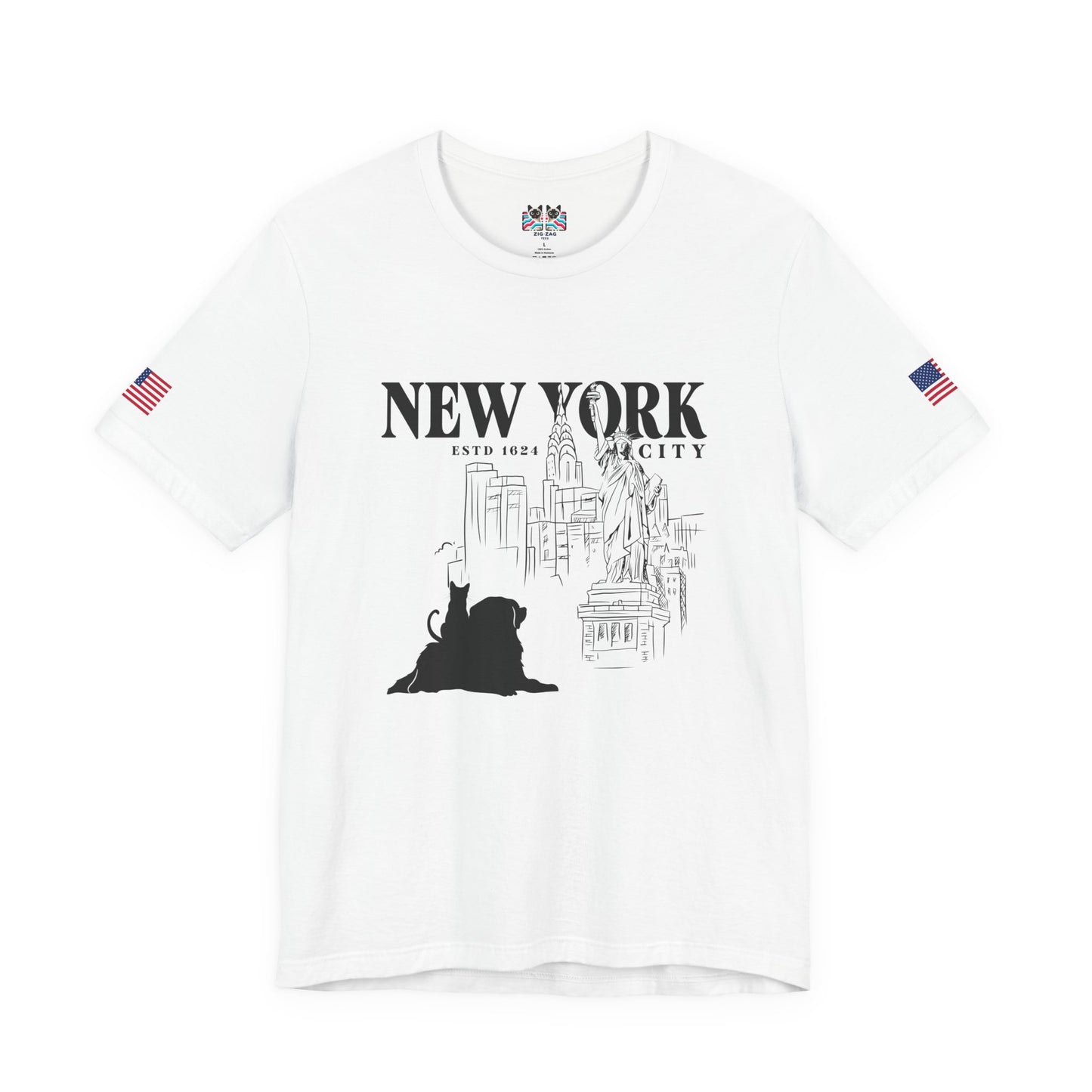 New York City Cat Dog T-Shirt - NYC Est. 1624 Sketch Art with Brooklyn Bridge & Liberty