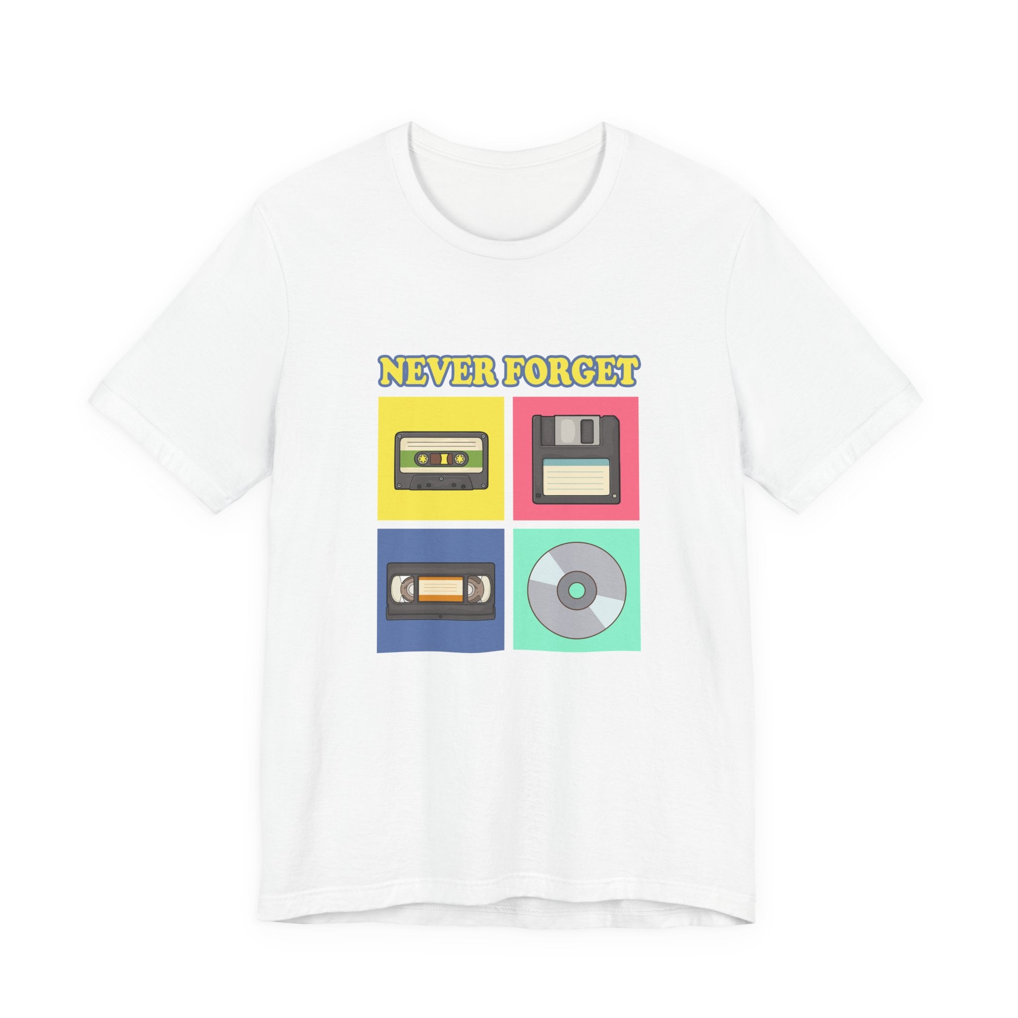 Never Forget Retro Media Tshirt Floppy Disk Cassette Tape Recorder CD Graphic