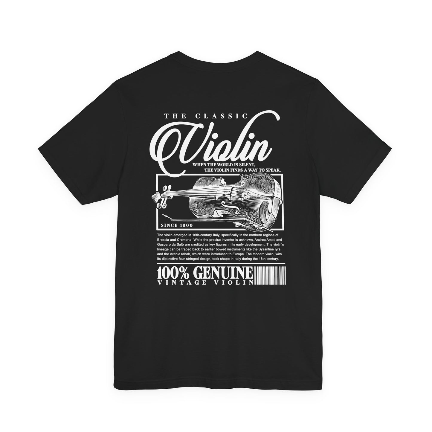 The Classic Violin T-Shirt – Vintage Instrument & 16th Century Story [White Text]