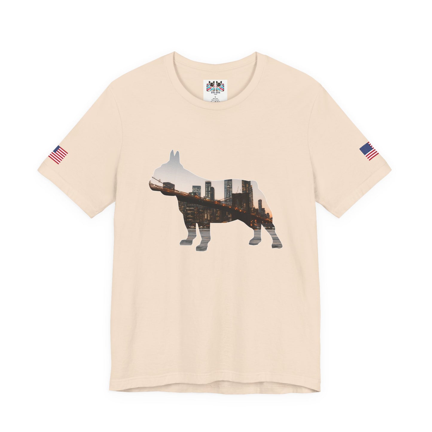 NYC Dog Silhouette T-Shirt - New York City Skyline in French Bulldog Shape Brooklyn Bridge
