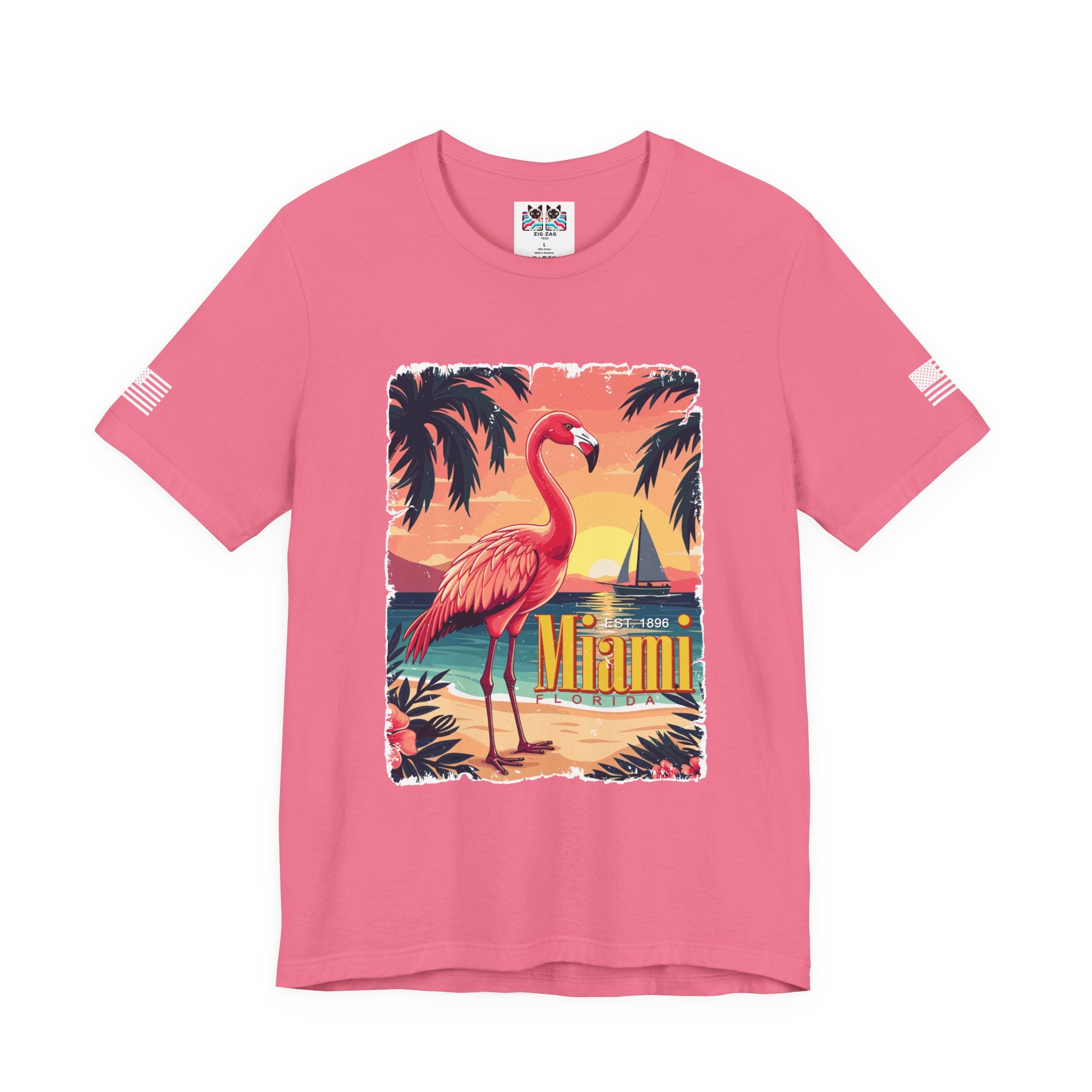 Miami Florida EST 1896 T-Shirt – Flamingo Vintage Travel Poster Beach Sunset Tee