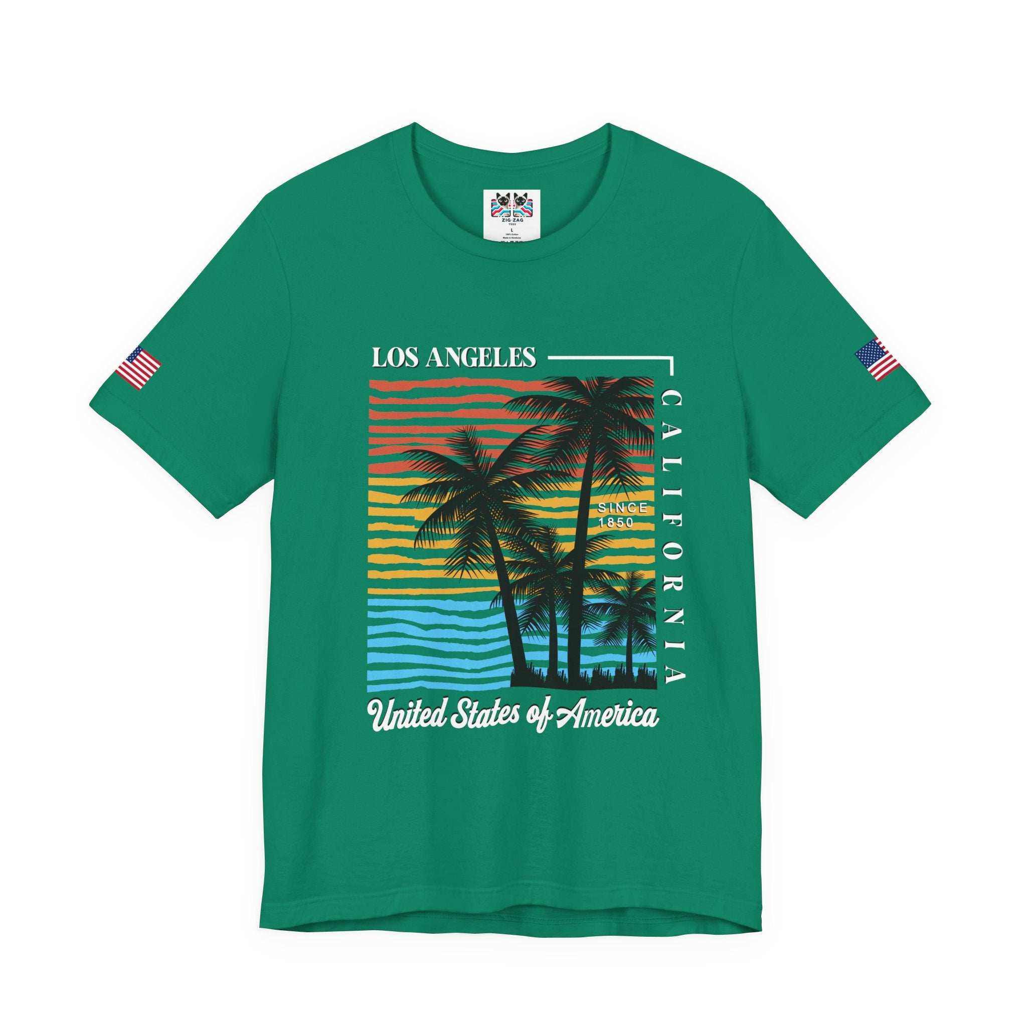 Los Angeles California Since 1850 T-Shirt – Colorful Striped Sunset Palm Tree USA Tee