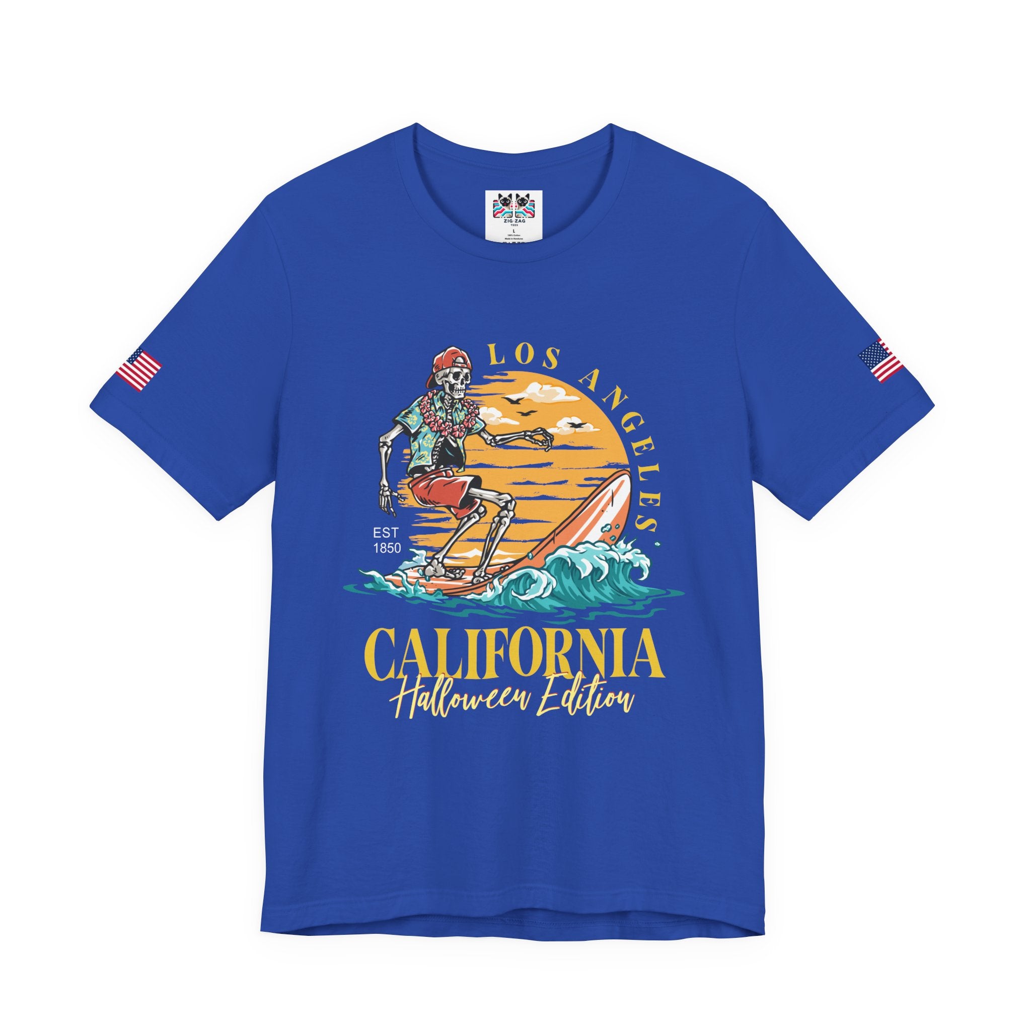 Los Angeles California Halloween Edition T-Shirt – Skeleton Surfer Beach EST 1850 Tee