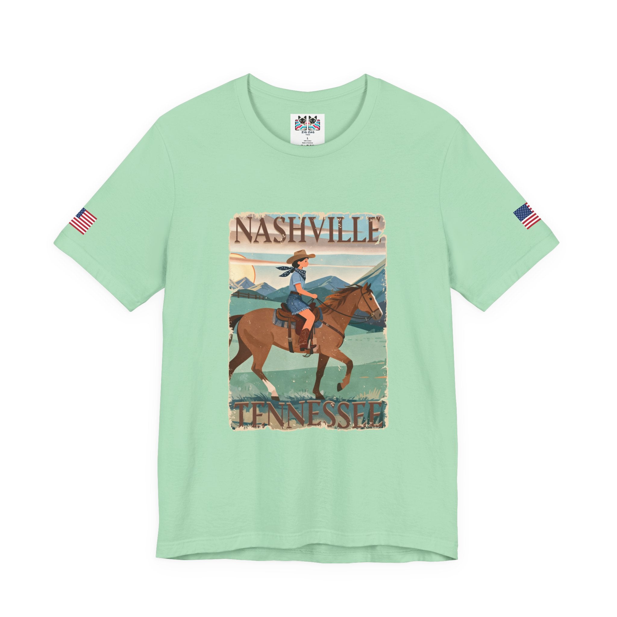 Nashville Tennessee T-Shirt – Vintage Cowgirl Horseback Riding Travel Poster Style Graphic Tee