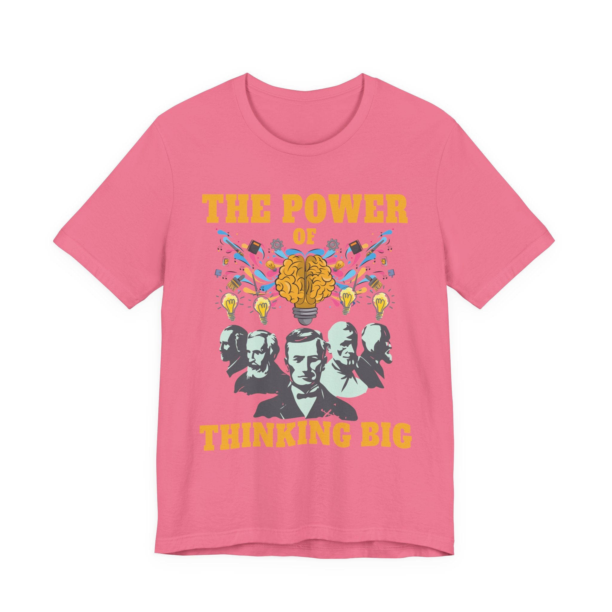 The Power of Thinking Big Tshirt – Brain with Great Scientists and Glowing Bulb Graphic