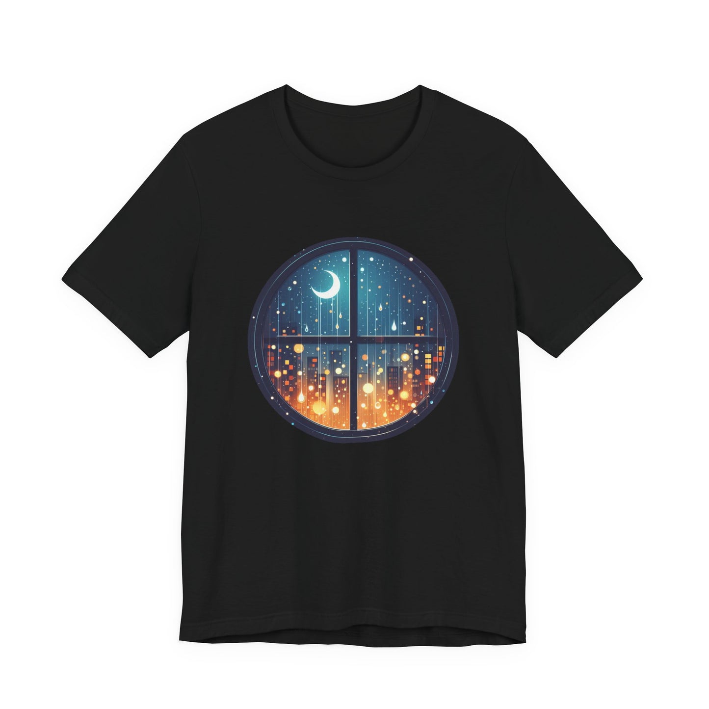 Dreaming Under Drizzles – Crescent Moon & Rainy Night in a City Window Graphic T-Shirt