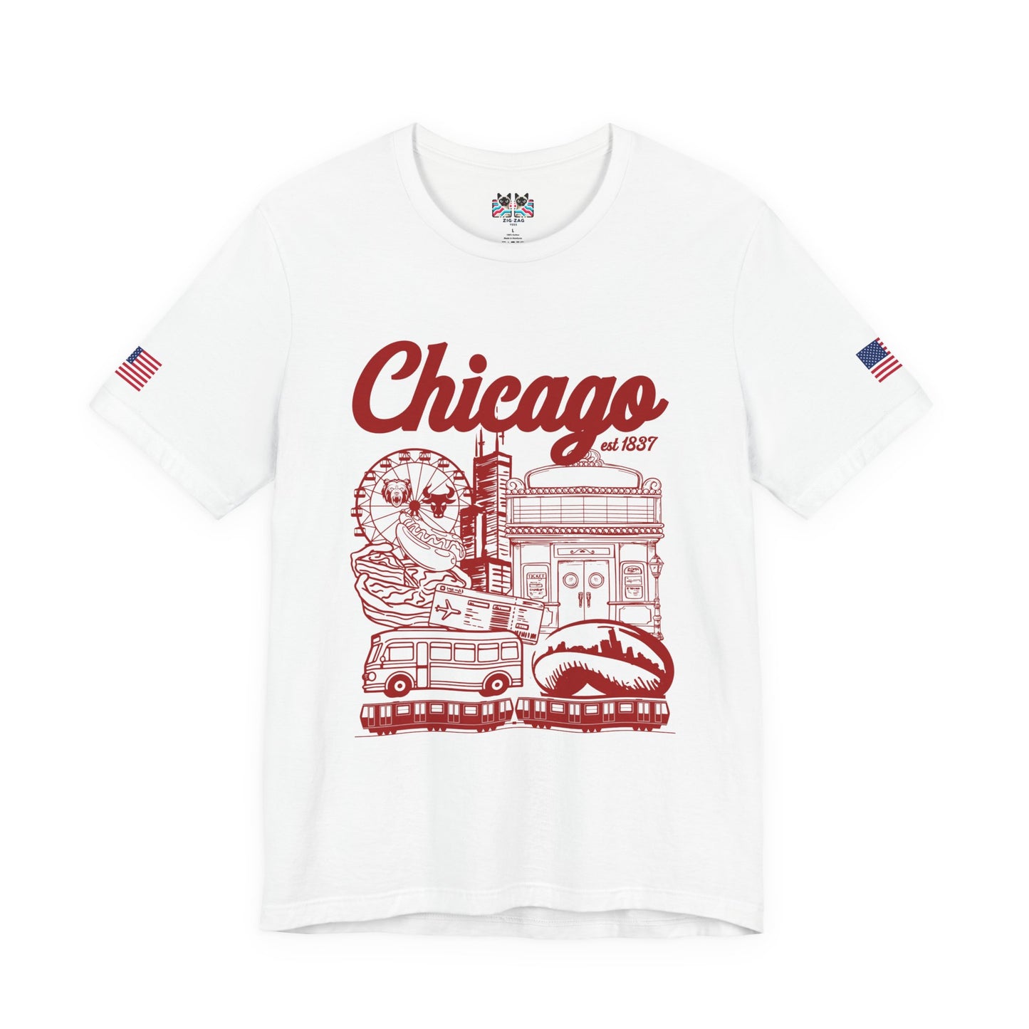 Chicago Est 1837 T-Shirt - Iconic Landmarks Yellow Red Illinois Tourist Collage