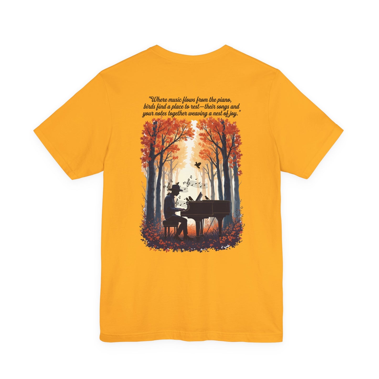 Music & Nature Harmony T-Shirt – Grand Piano in Autumn Forest Scene [Black Text]