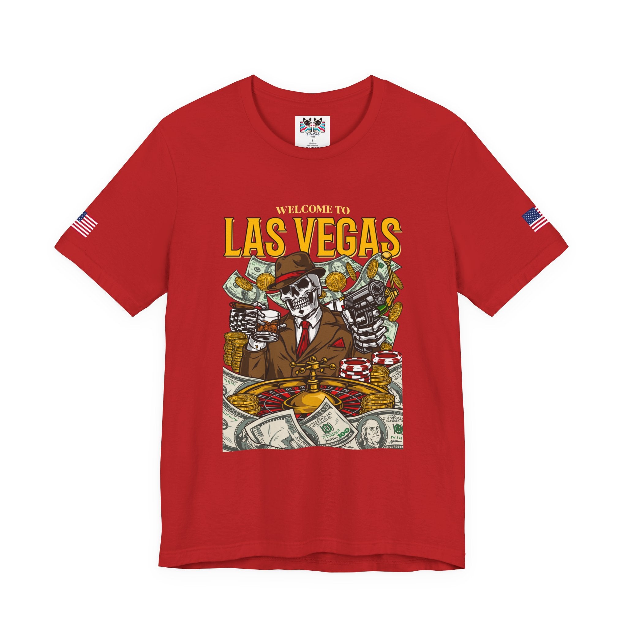 Welcome to Las Vegas Skeleton Gangster T-Shirt – Skull Casino Roulette Graphic Tee