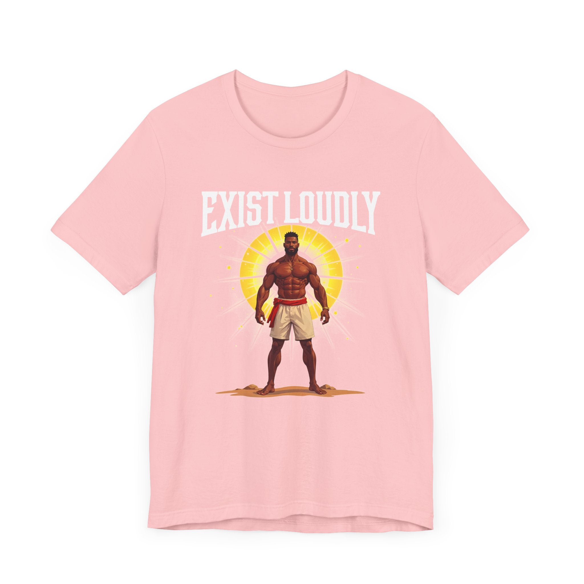 Exist Loudly – Strong Muscular Man with Red Belt & Glowing Light Graphic T-Shirt