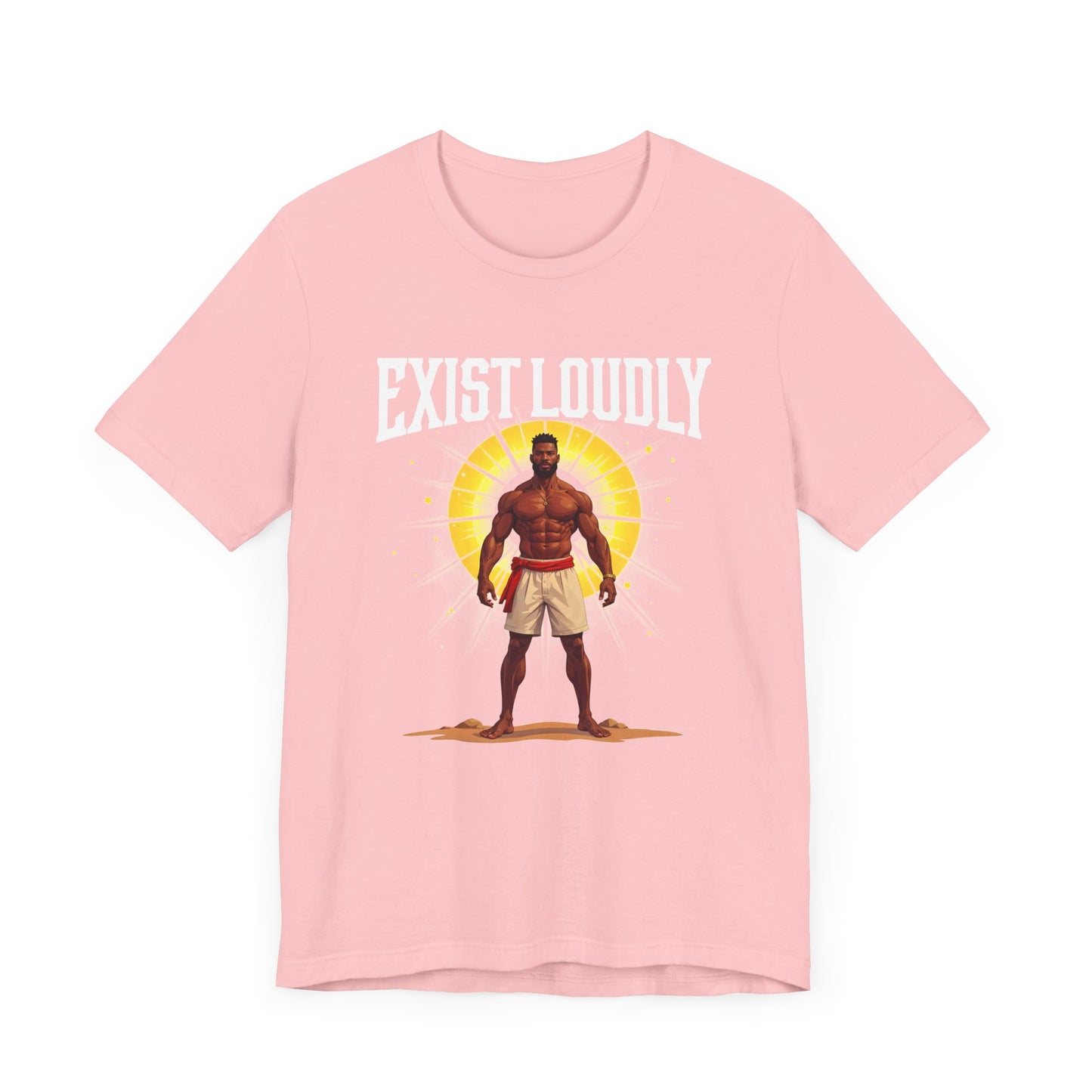 Exist Loudly – Strong Muscular Man with Red Belt & Glowing Light Graphic T-Shirt