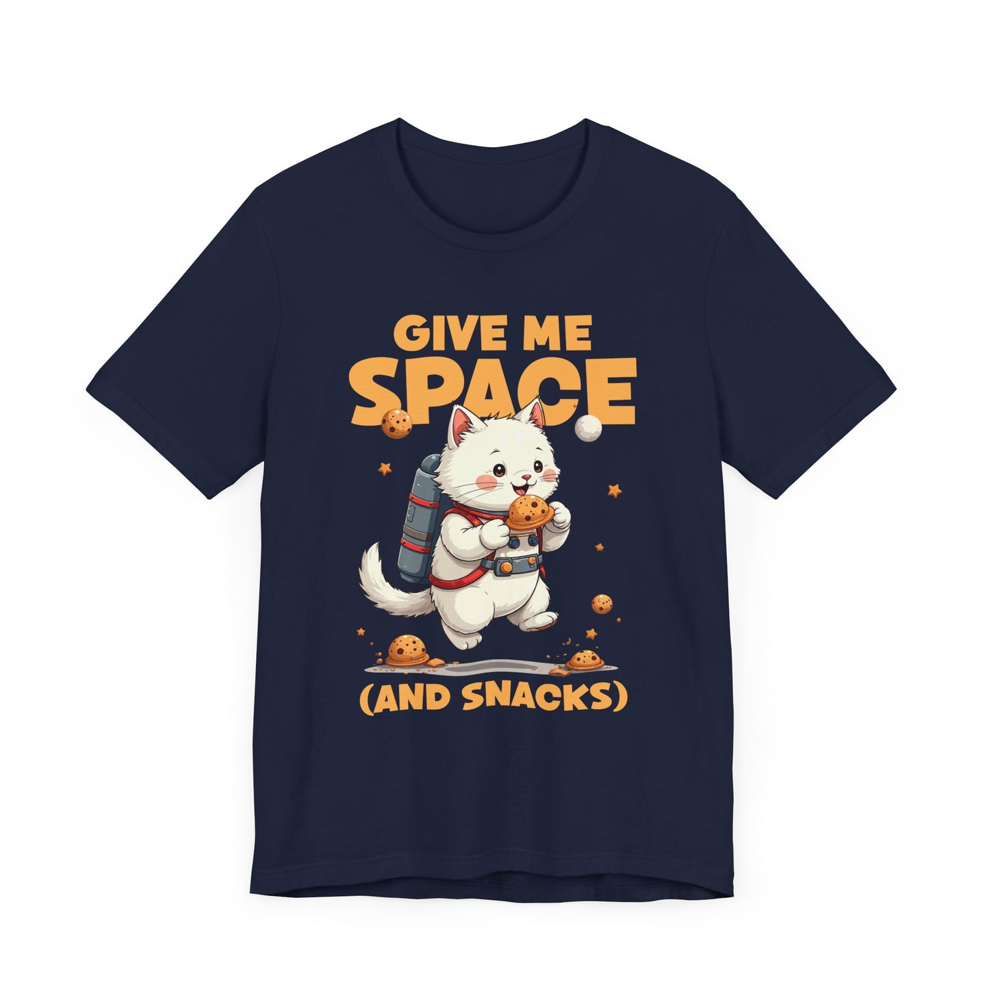 Give Me Space (and Snacks) – Jetpack Cat Walking with Snacks Funny Graphic T-Shirt