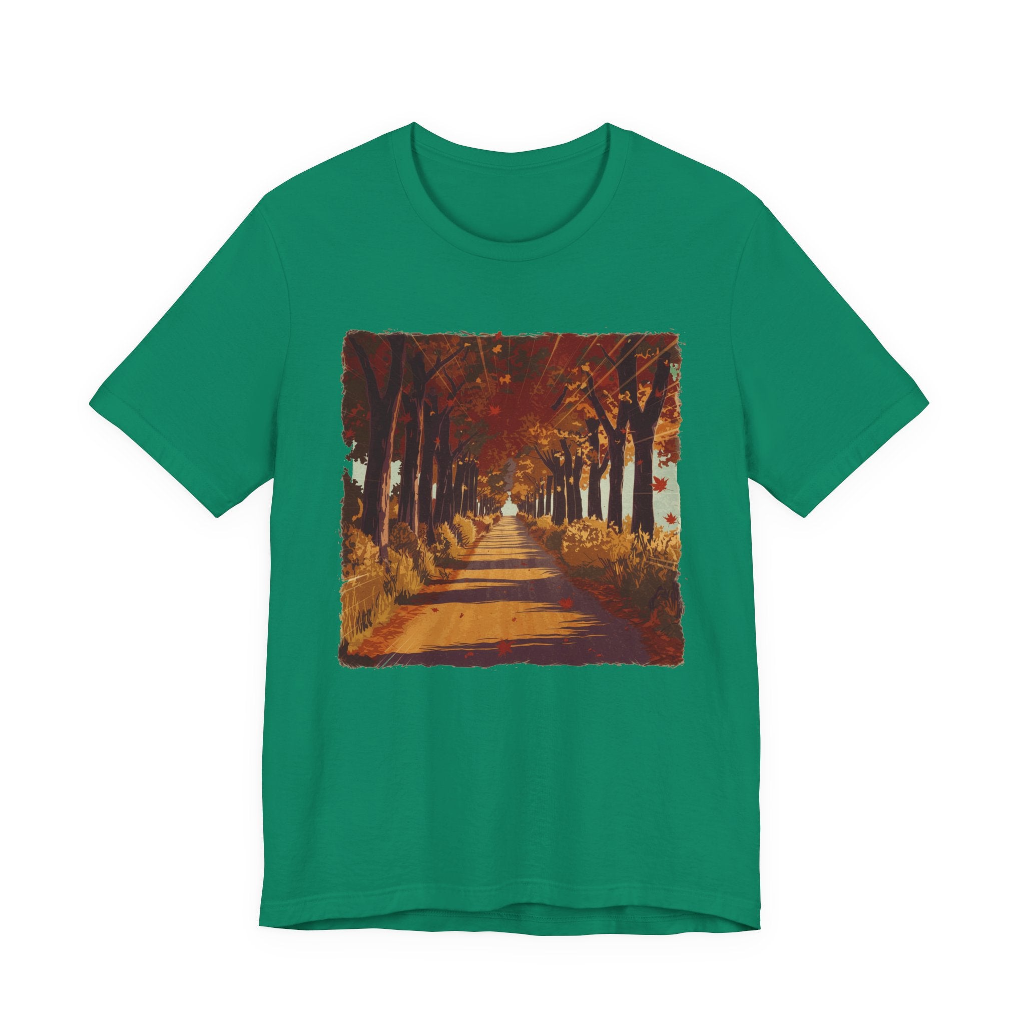 Golden Autumn Glow– Glowing Trees Lining the Road Graphic T-Shirt