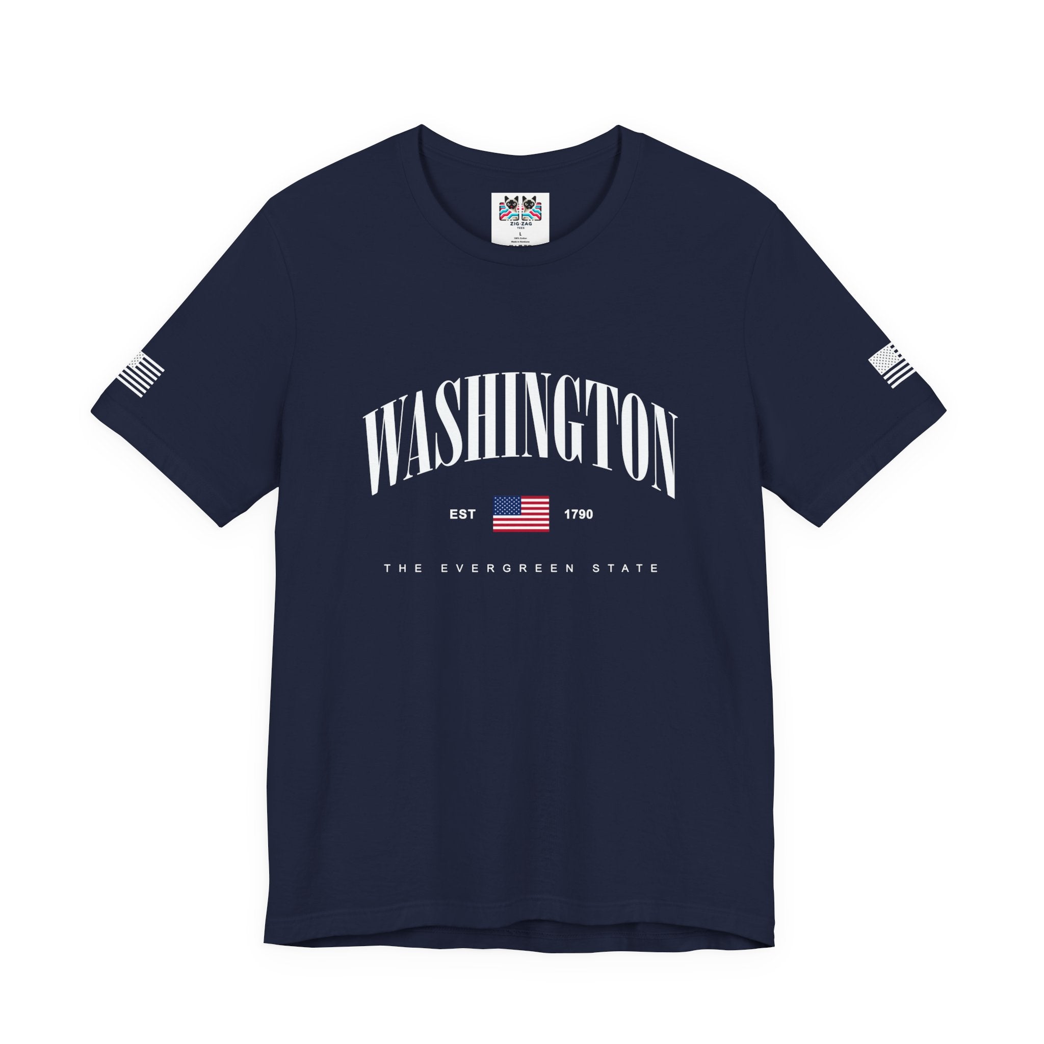 Washington The Evergreen State Collegiate Arch T-Shirt | EST 1790 American Flag Graphic Tee | Washington Pride Shirt