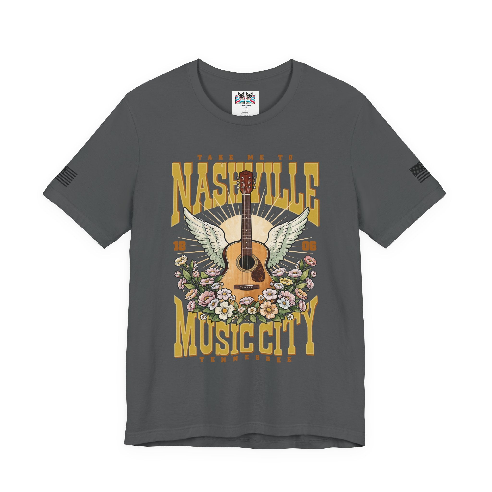 Take Me to Nashville Music City T-Shirt – Winged Acoustic Guitar Floral EST 1806 Tennessee Graphic Tee