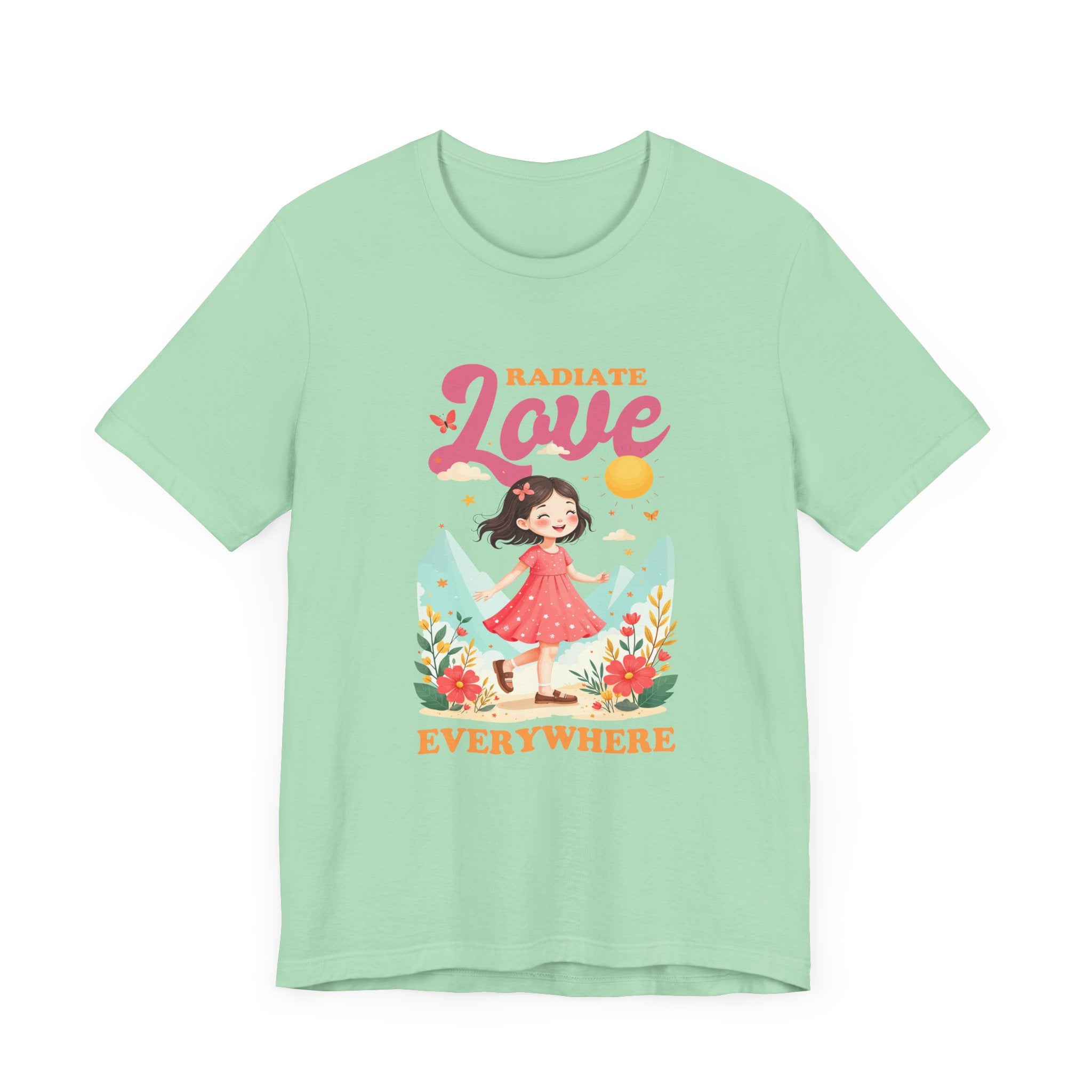 Radiate LOVE Everywhere – Happy Girl Walking in Flower Garden with Butterflies Graphic T-Shirt