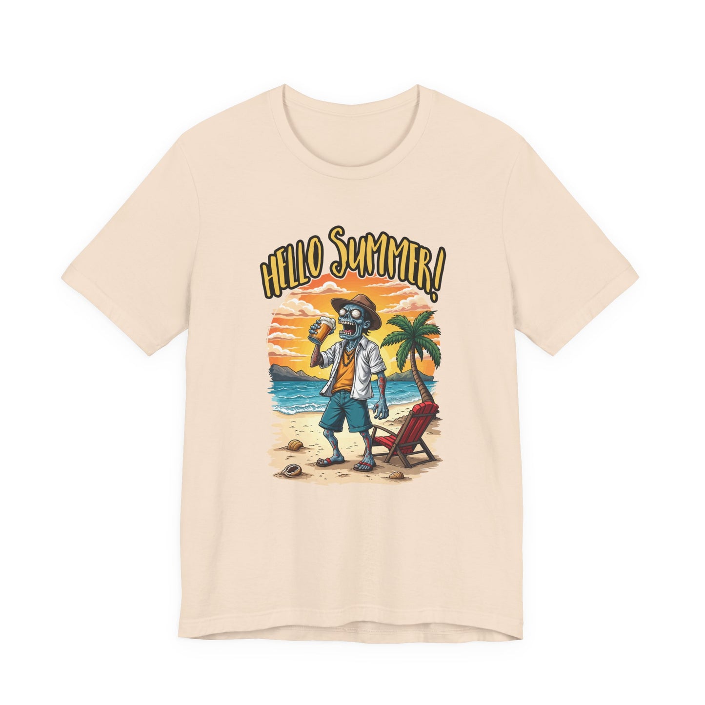 Hello Summer Tshirt Old Zombie with Cap, Beer Glass, Beach, Palm Trees & Reclining Chair