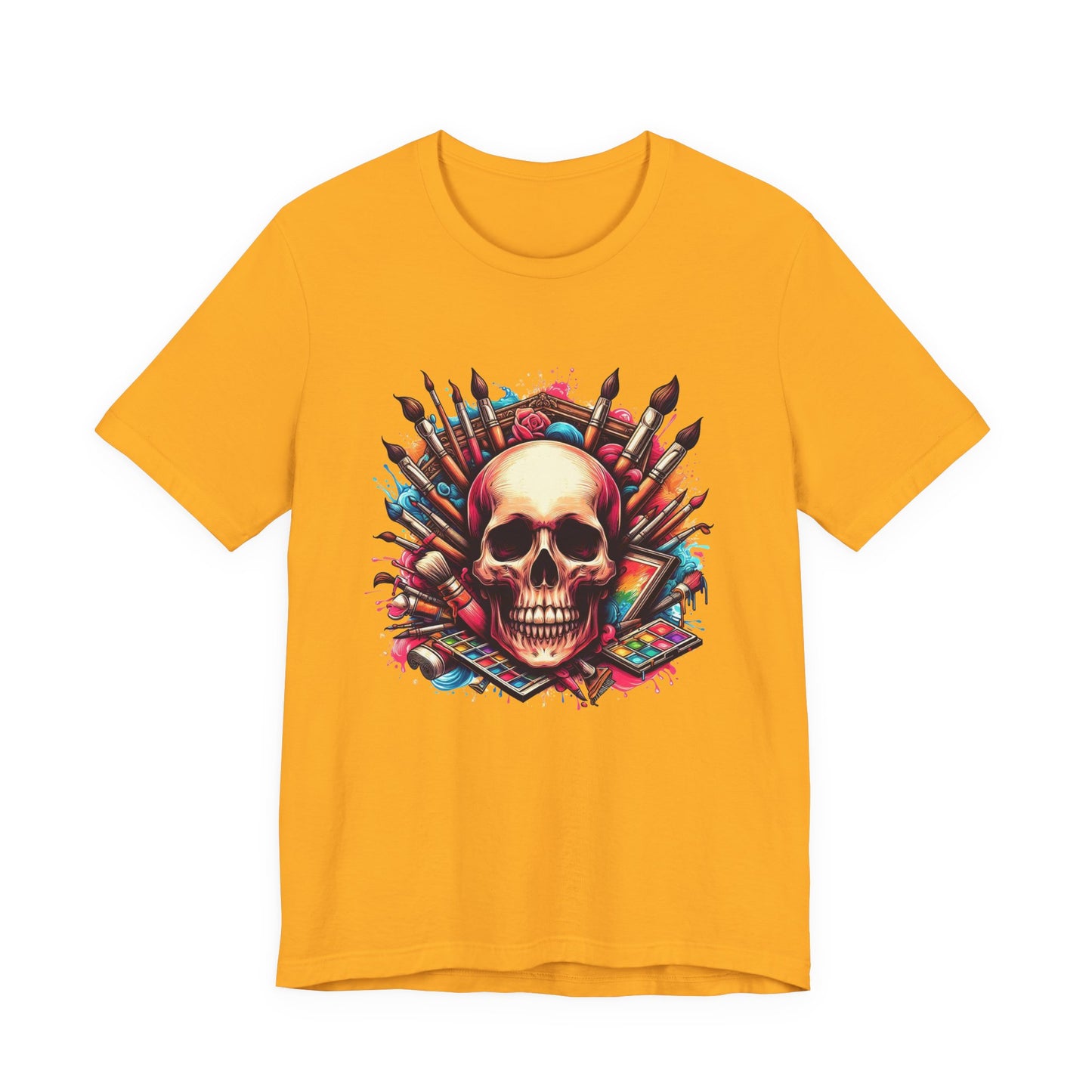 Art Is Not Dead Tshirt – Skull with Stacked Art Supplies Circular Graphic