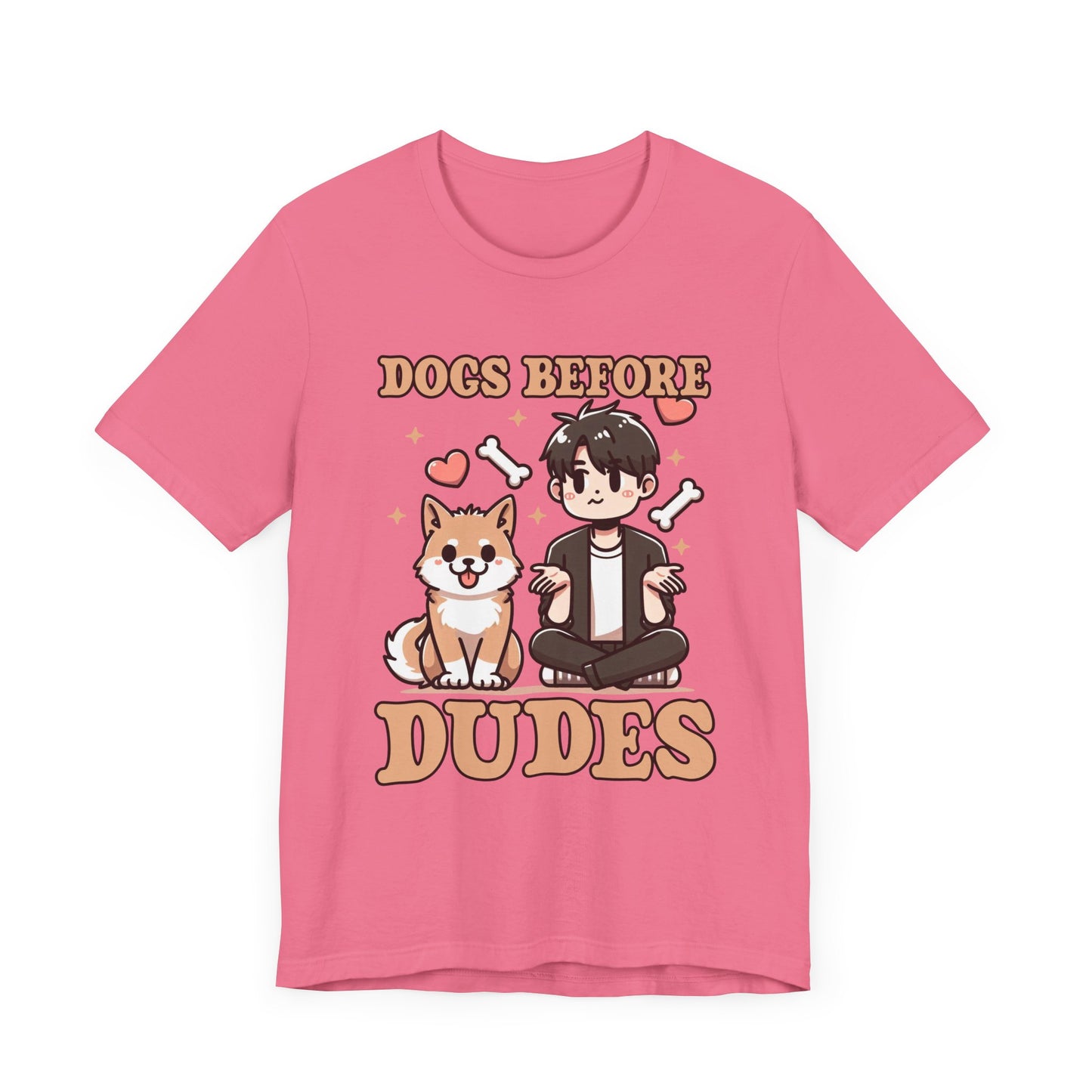 Dogs Before Dudes | Smiling Puppy & Surprised Boy with Hearts, Bones, and Stars T-Shirt
