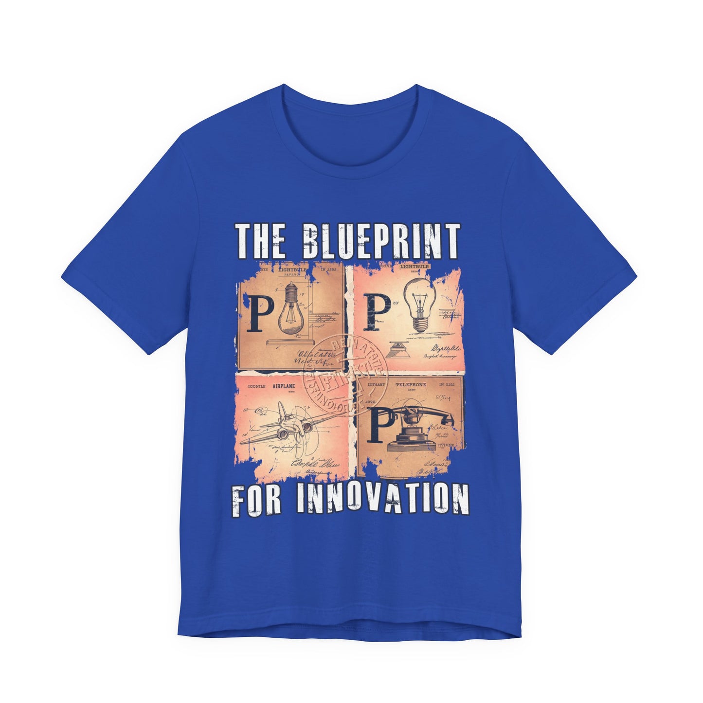 The Blueprint for Innovation Tshirt – Vintage Paper with Iconic Inventions Graphic