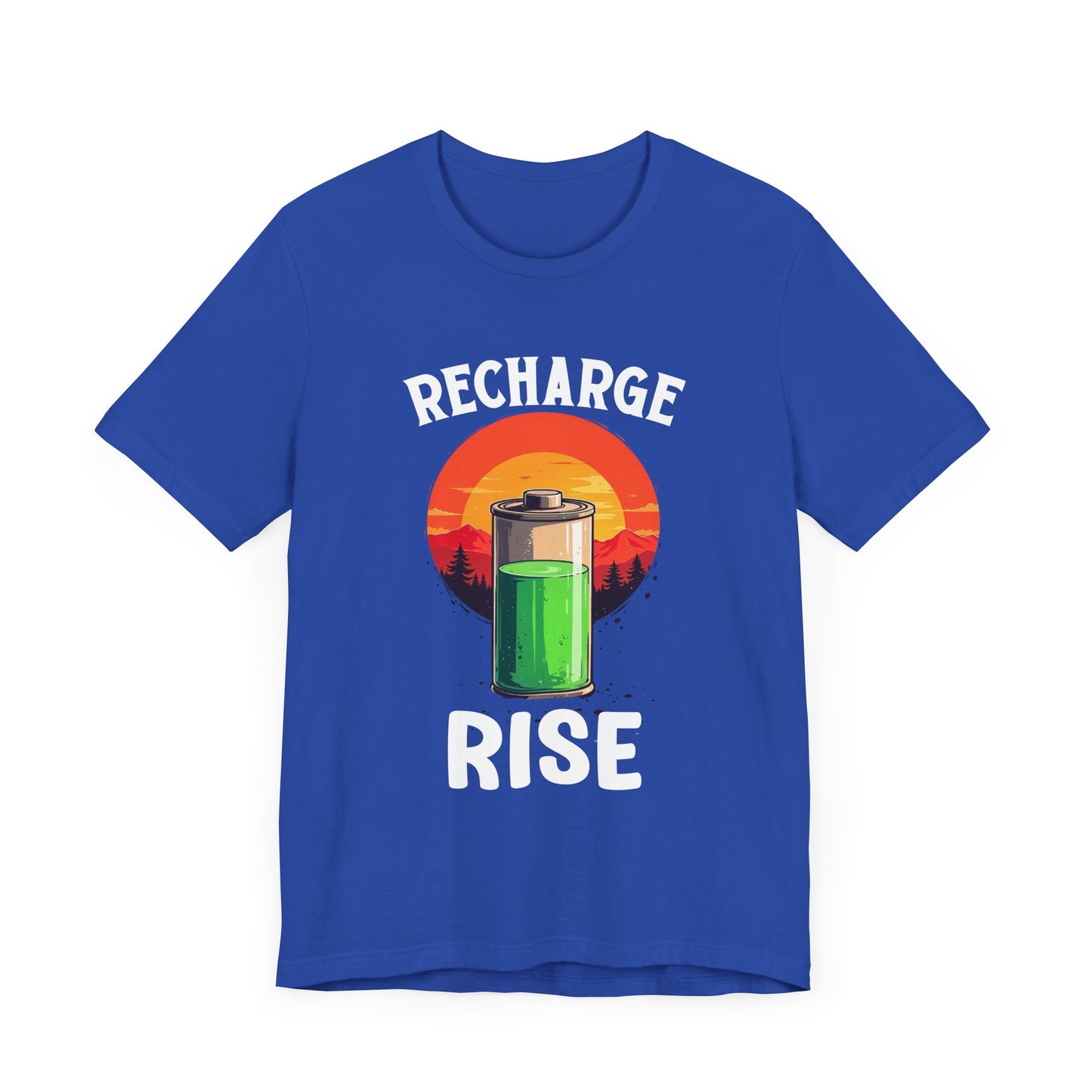 Recharge and Rise T-Shirt – Motivational Battery and Sunrise Graphic Tee