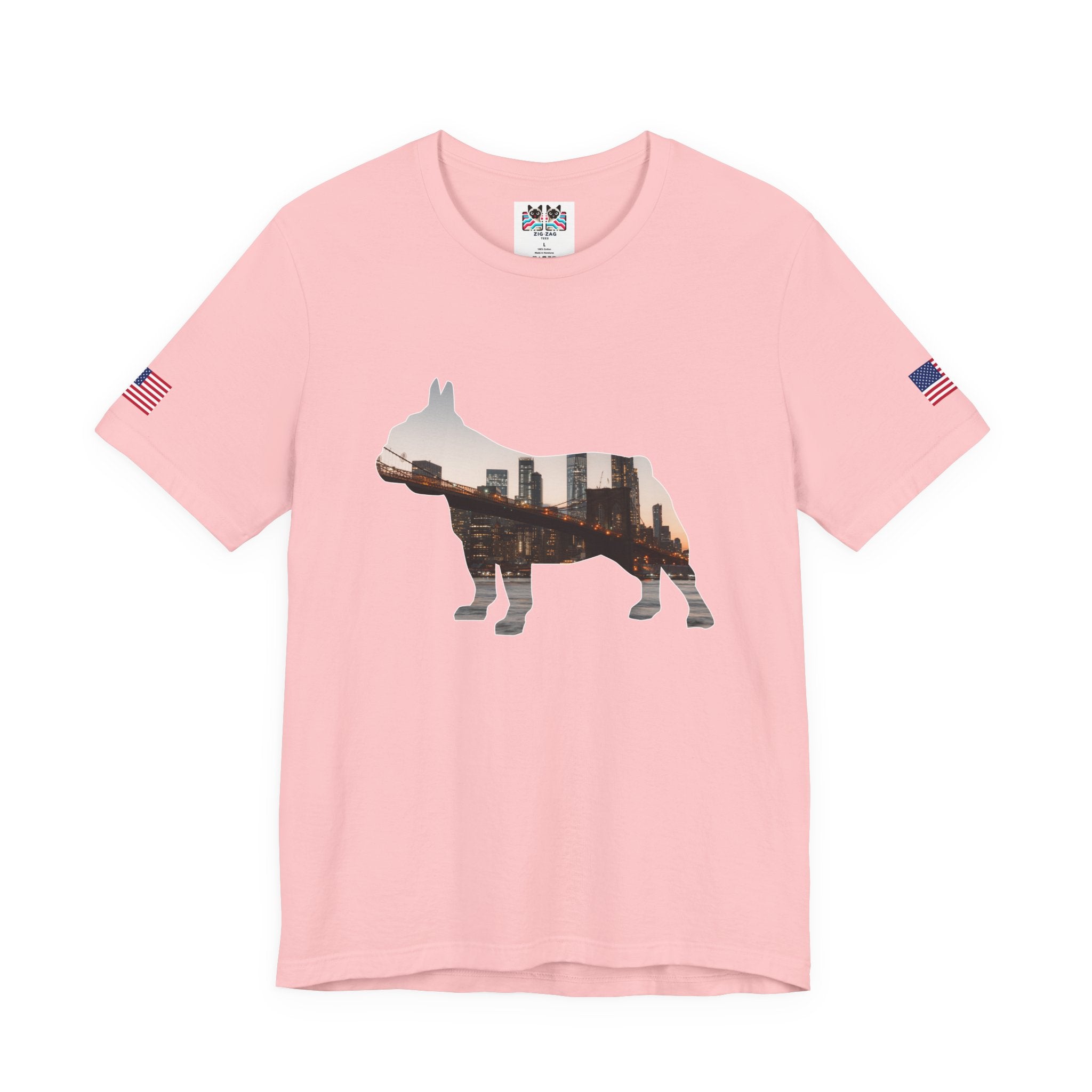 NYC Dog Silhouette T-Shirt - New York City Skyline in French Bulldog Shape Brooklyn Bridge
