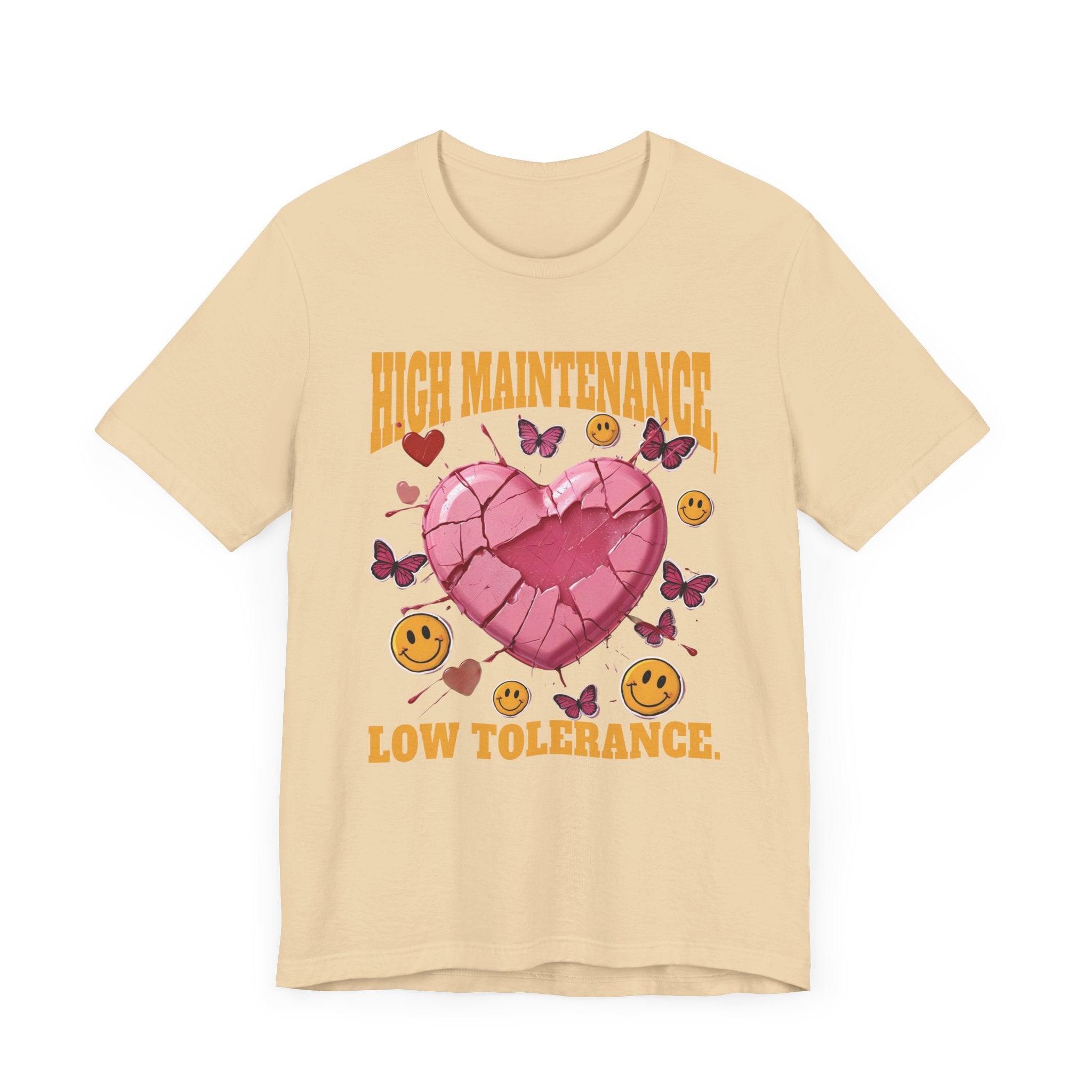 High Maintenance, Low Tolerance | Cracked Heart & Smiles Butterfly Graphic T-Shirt