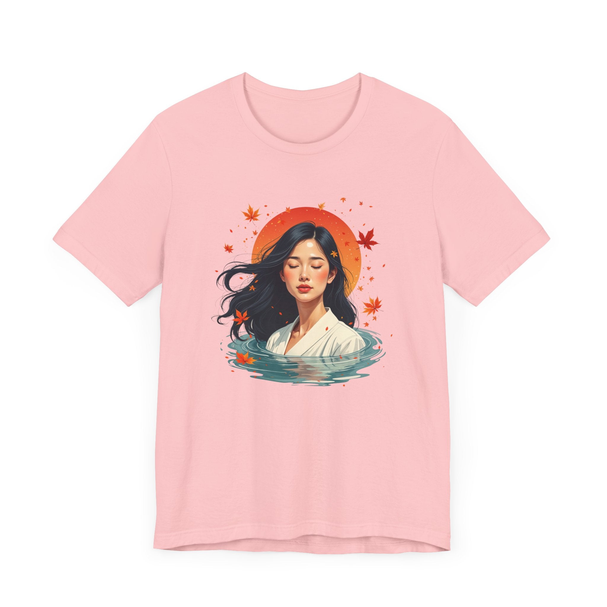 Serene Woman in White Dress Chest-Deep in Water with Sunset and Falling Leaves Graphic T-Shirt