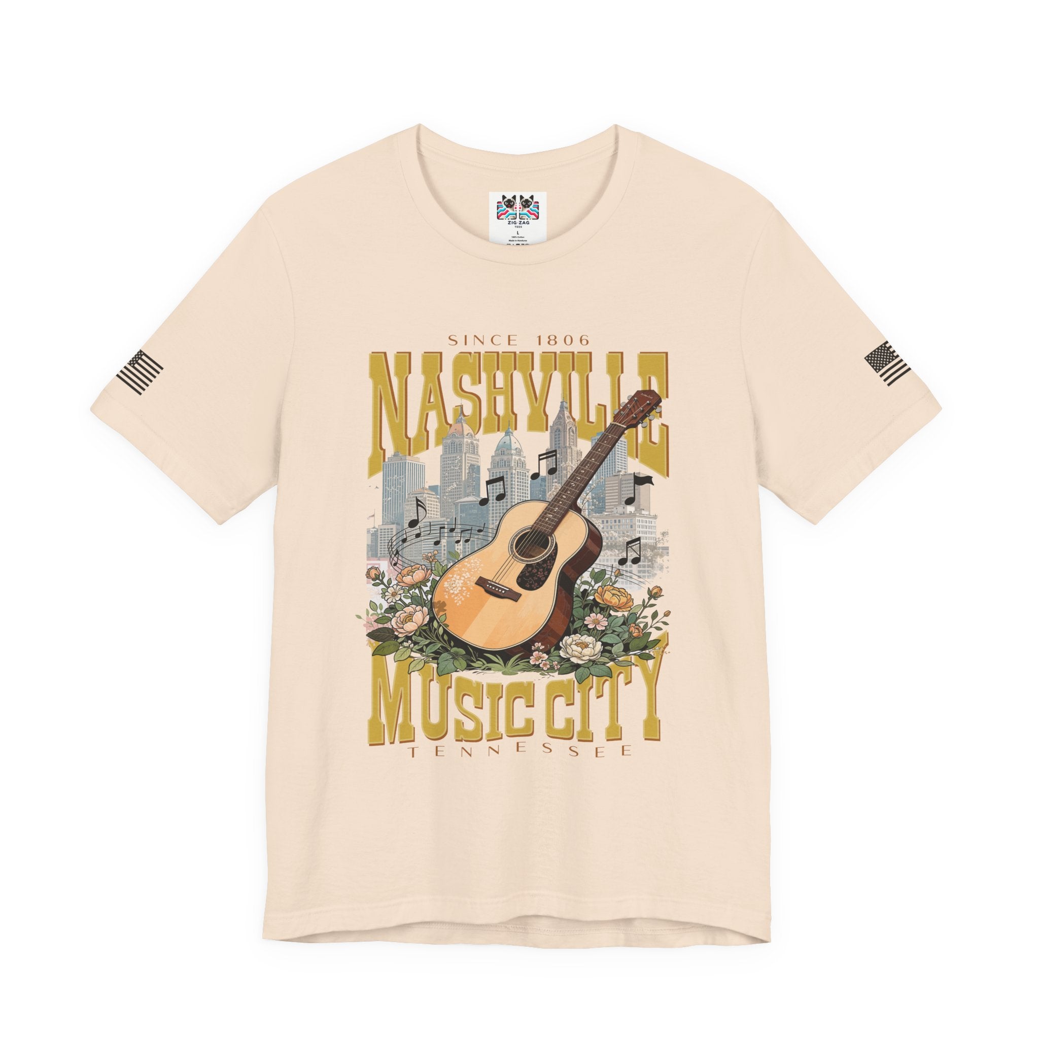 Nashville Music City Since 1806 T-Shirt – Acoustic Guitar Skyline Floral Graphic Tee Tennessee