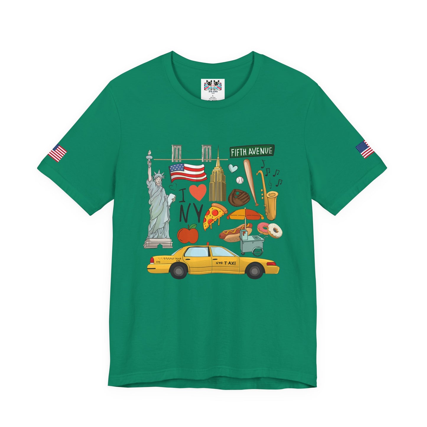 I Love NY T-Shirt - New York City Icons Graphic Tee with Statue of Liberty, Taxi & Food