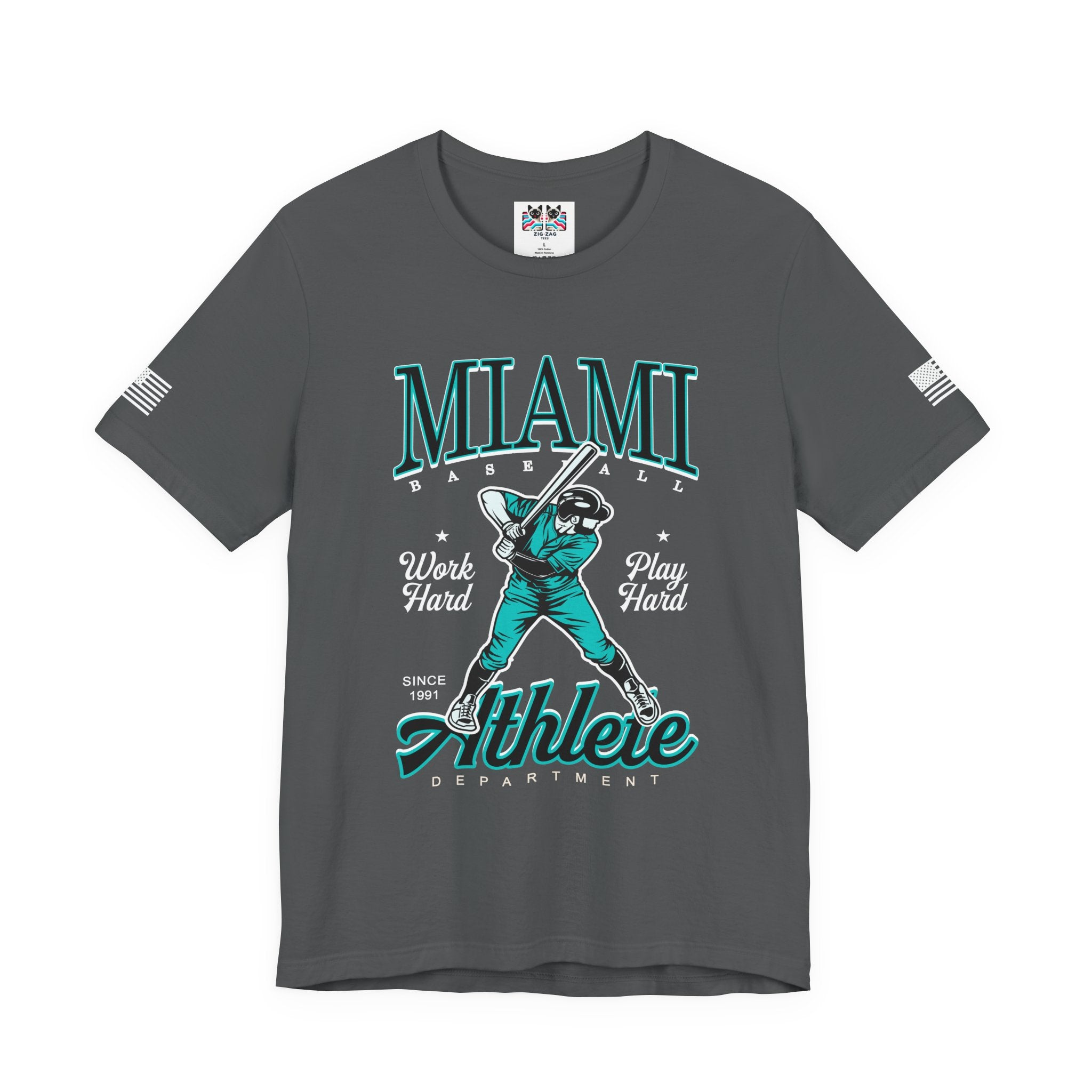 Miami Baseball Athlete Department T-Shirt – Work Hard Play Hard Since 1991 Graphic Tee