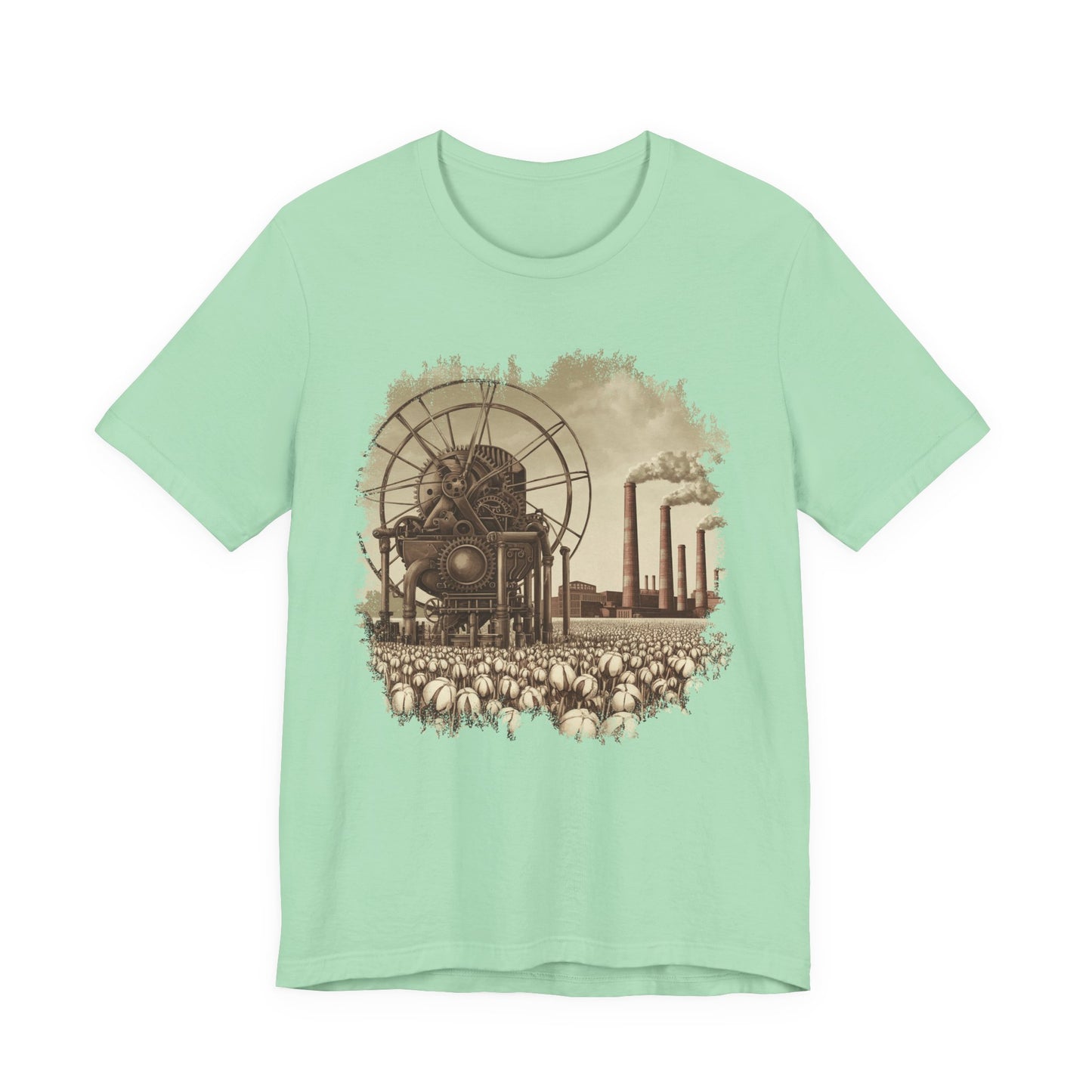 Cotton Gin Club Tshirt – Harvest-Ready Cotton Field with Historic Spinning Machine and Factory