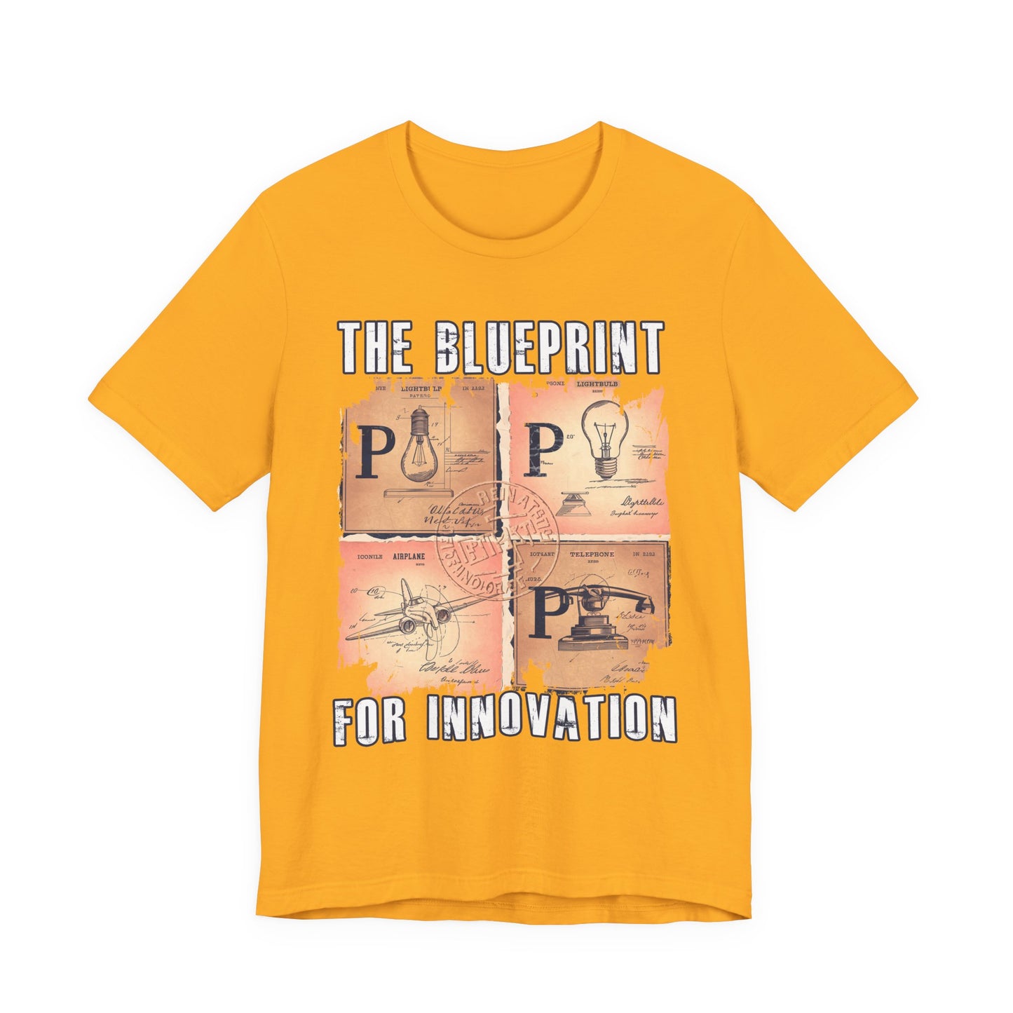 The Blueprint for Innovation Tshirt – Vintage Paper with Iconic Inventions Graphic