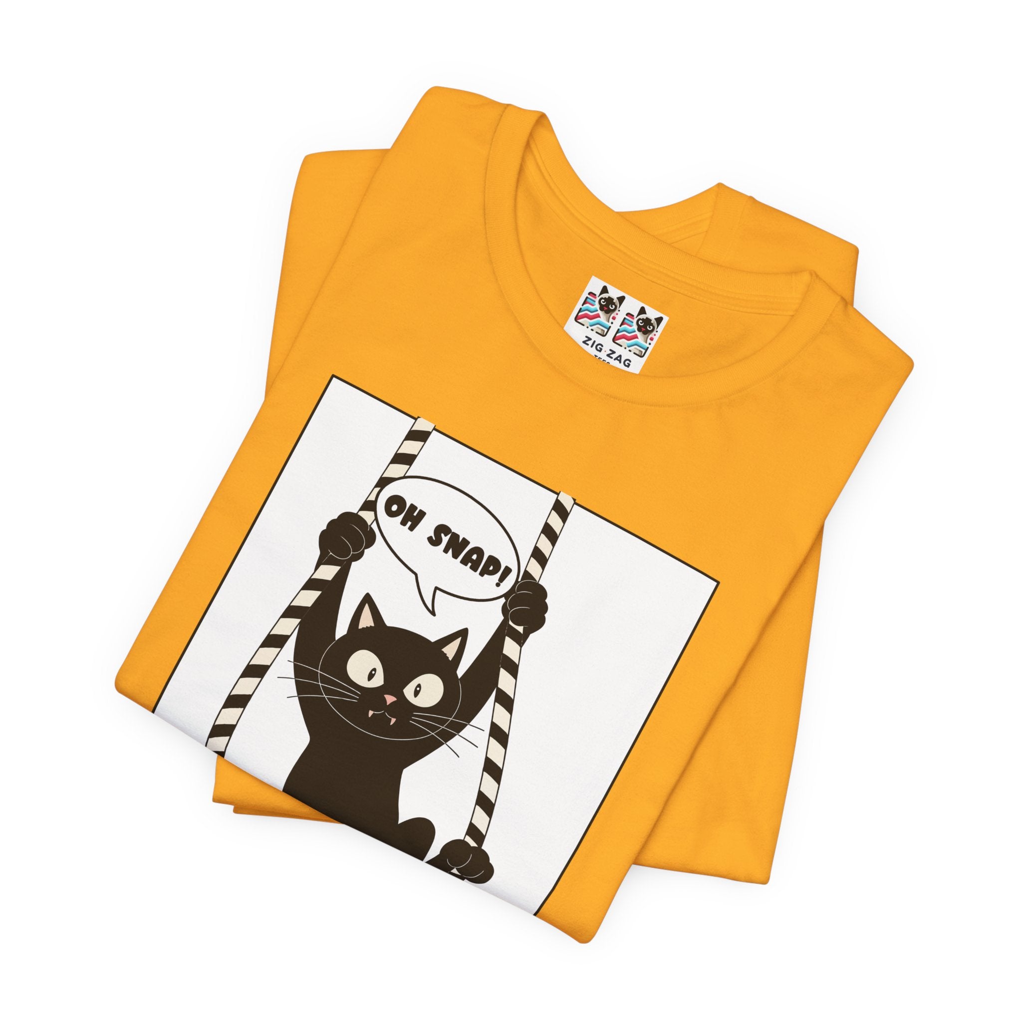 Custom T-Shirt - Oh Snap Funny Cat T-Shirt – Cat Hanging from Blinds Mischievous Kitten Humor Graphic Tee