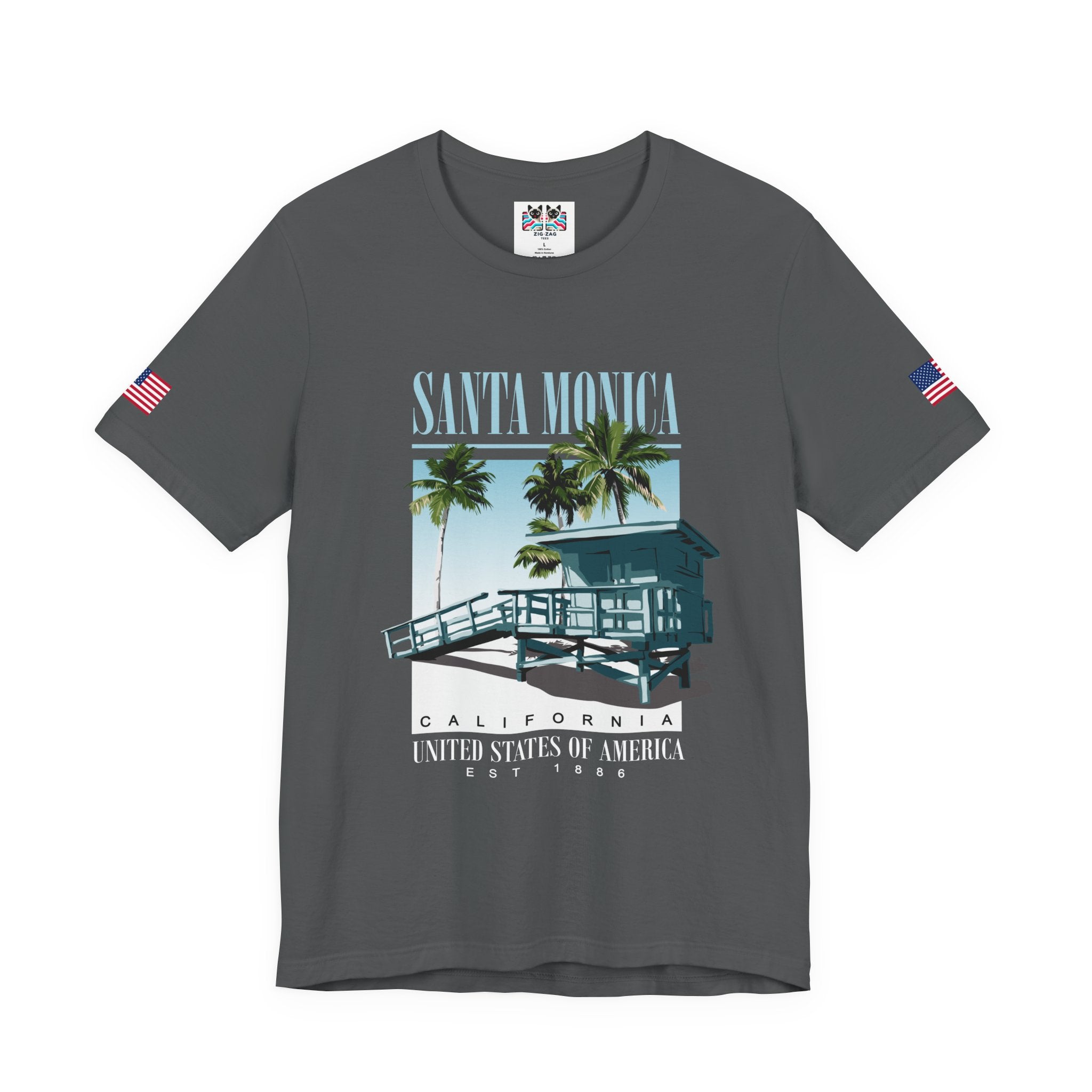 Santa Monica California EST 1886 T-Shirt – Lifeguard Tower Palm Tree Beach Tee