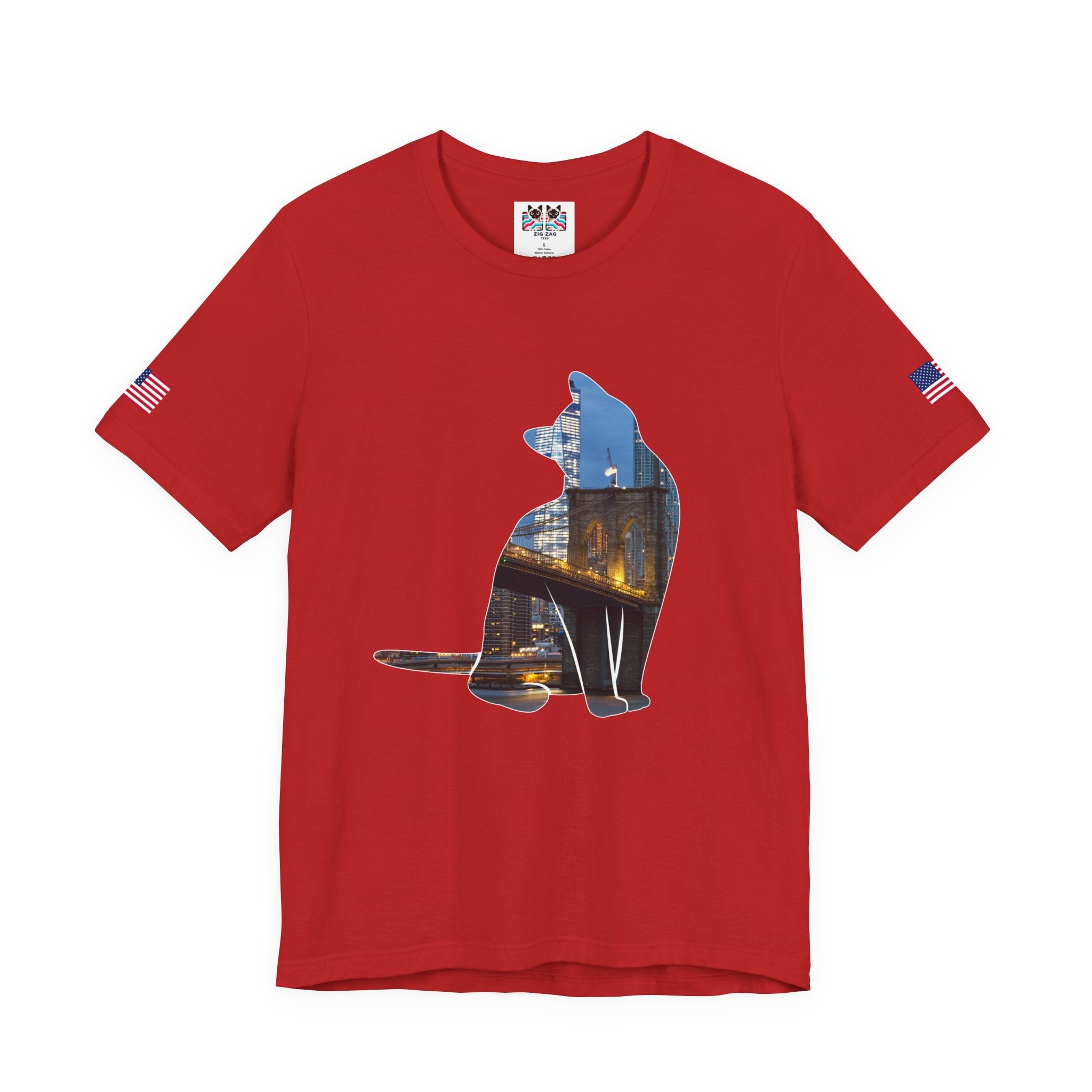 NYC Cat Silhouette T-Shirt - New York City Skyline in Cat Shape Brooklyn Bridge Design