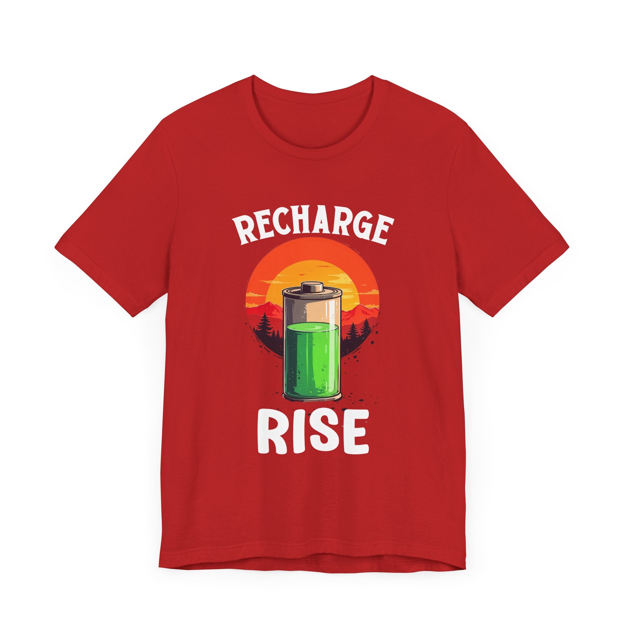 Recharge and Rise T-Shirt – Motivational Battery and Sunrise Graphic Tee