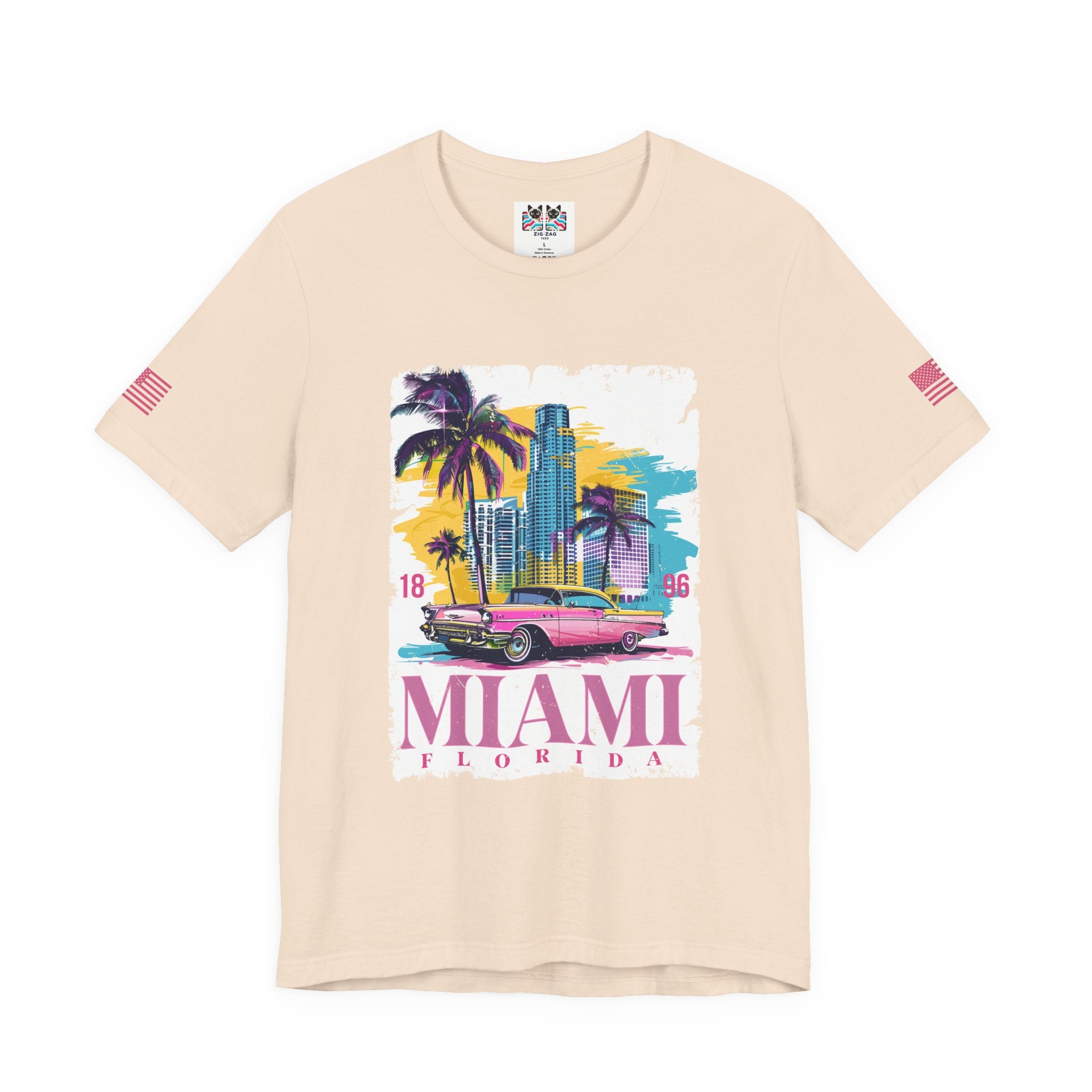 Miami Florida 1896 T-Shirt – Pink Classic Car Palm Tree Skyline Colorful Graphic Tee
