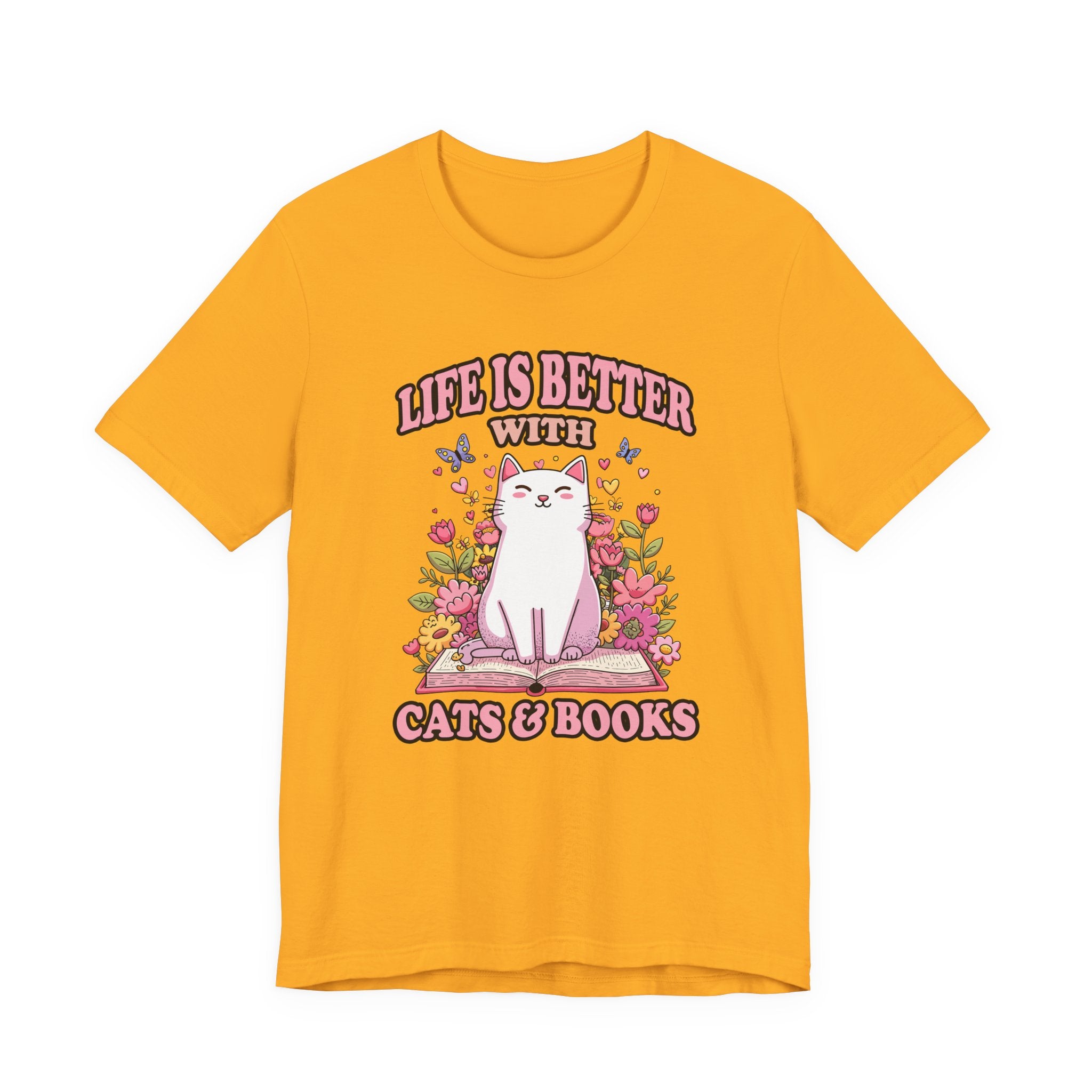 Life Is Better With Cat And Books Tshirt Cat Sitting on Open Book Flower Graphic