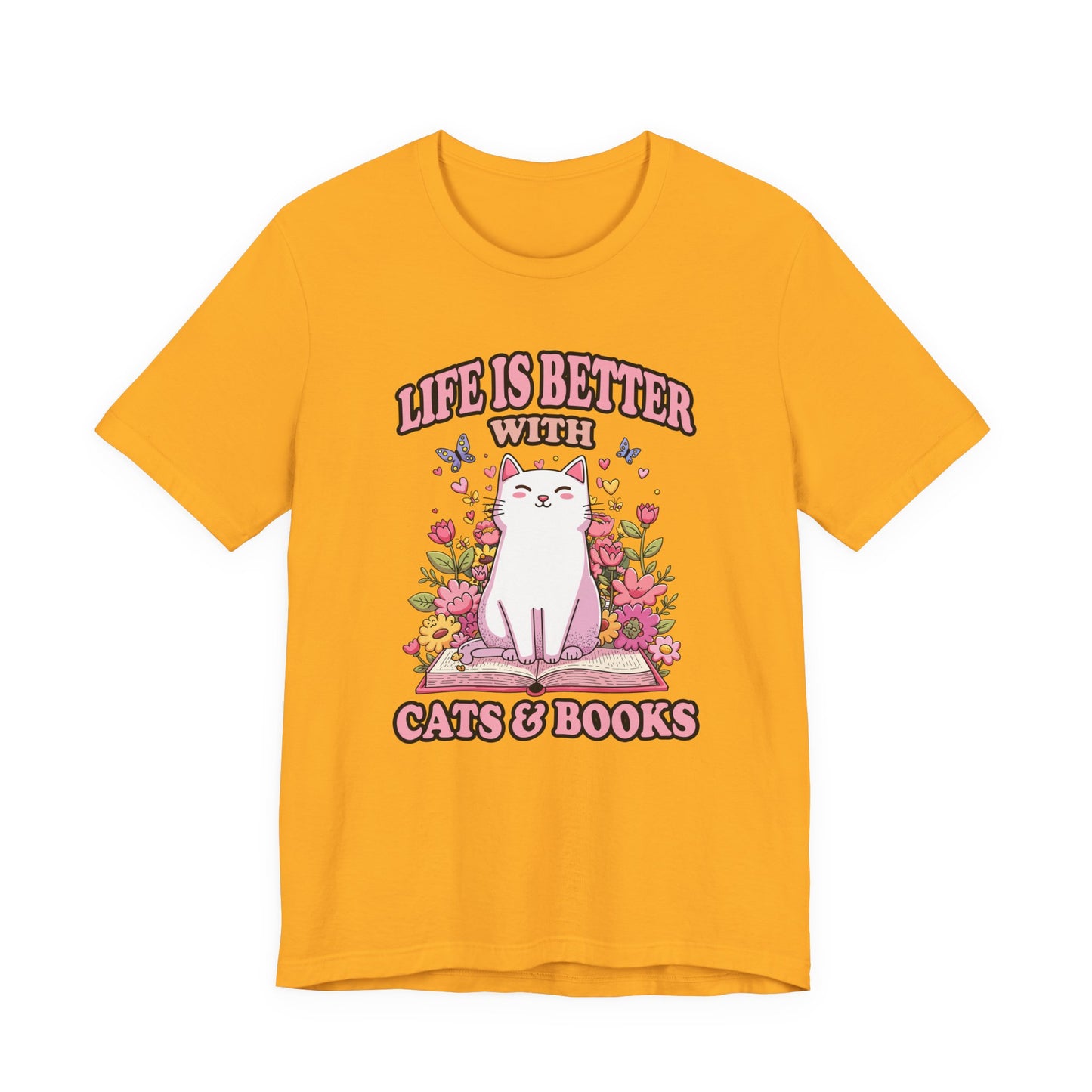 Life Is Better With Cat And Books Tshirt Cat Sitting on Open Book Flower Graphic