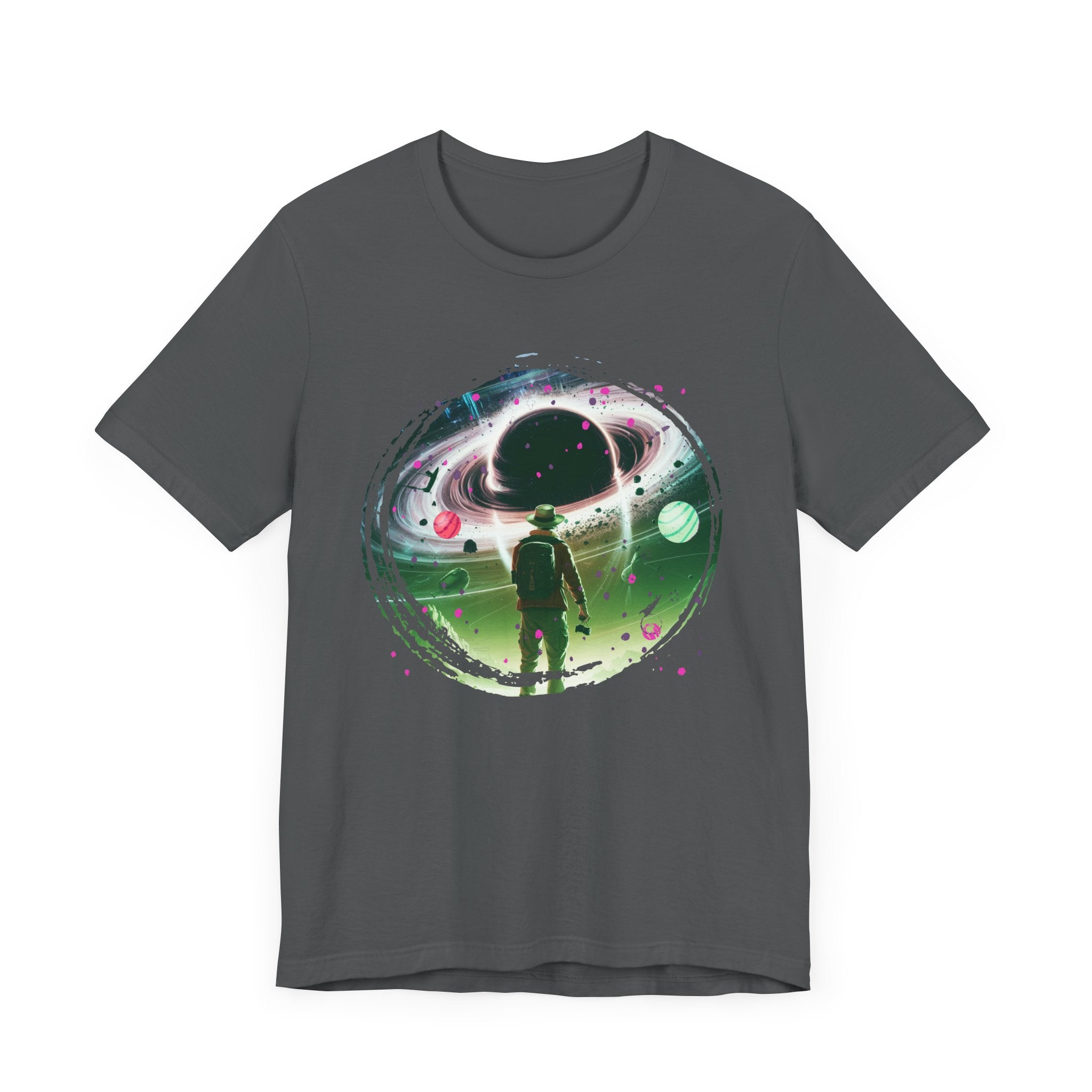 Shocked Traveler & Dramatic Planets | Backpacker Gazing at Planets Graphic T-Shirt