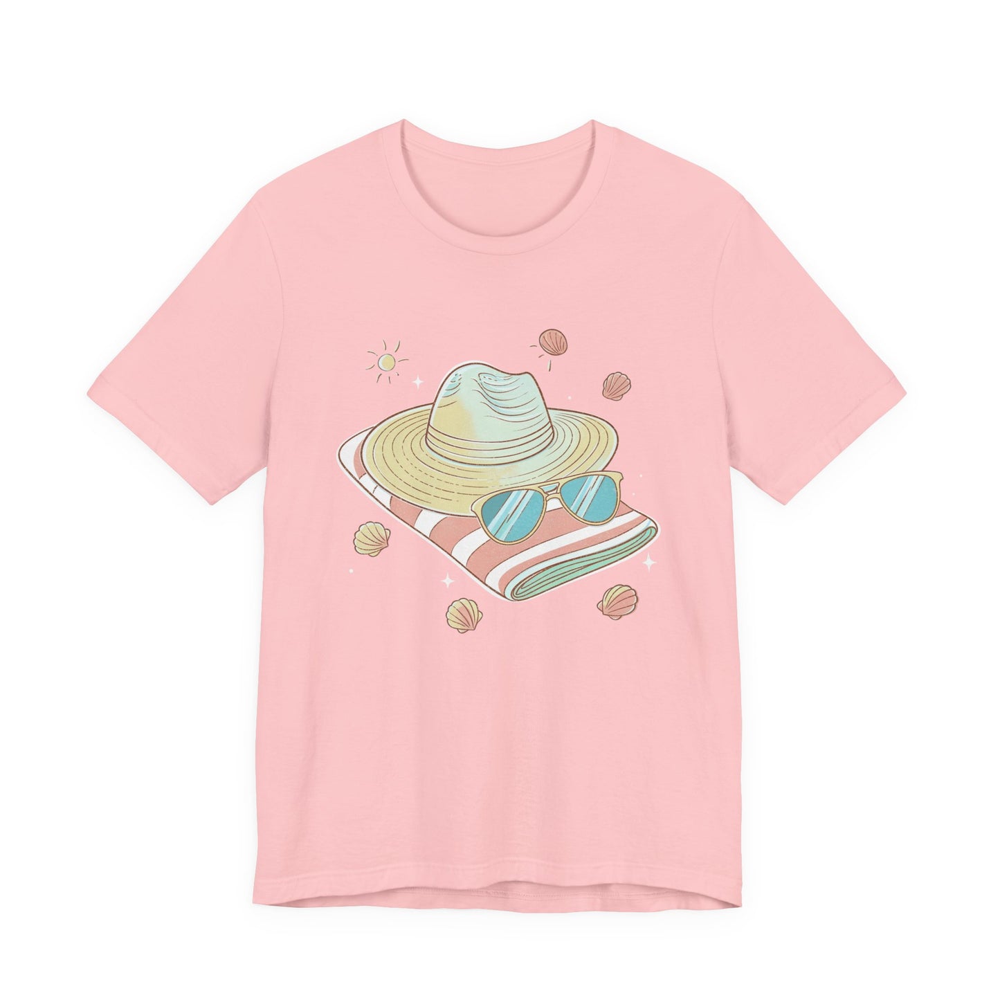 Sun Kissed & Carefree Beach Day Essentials – Towel, Sunglasses & Hat with Sun and Seashells Graphic T-Shirt