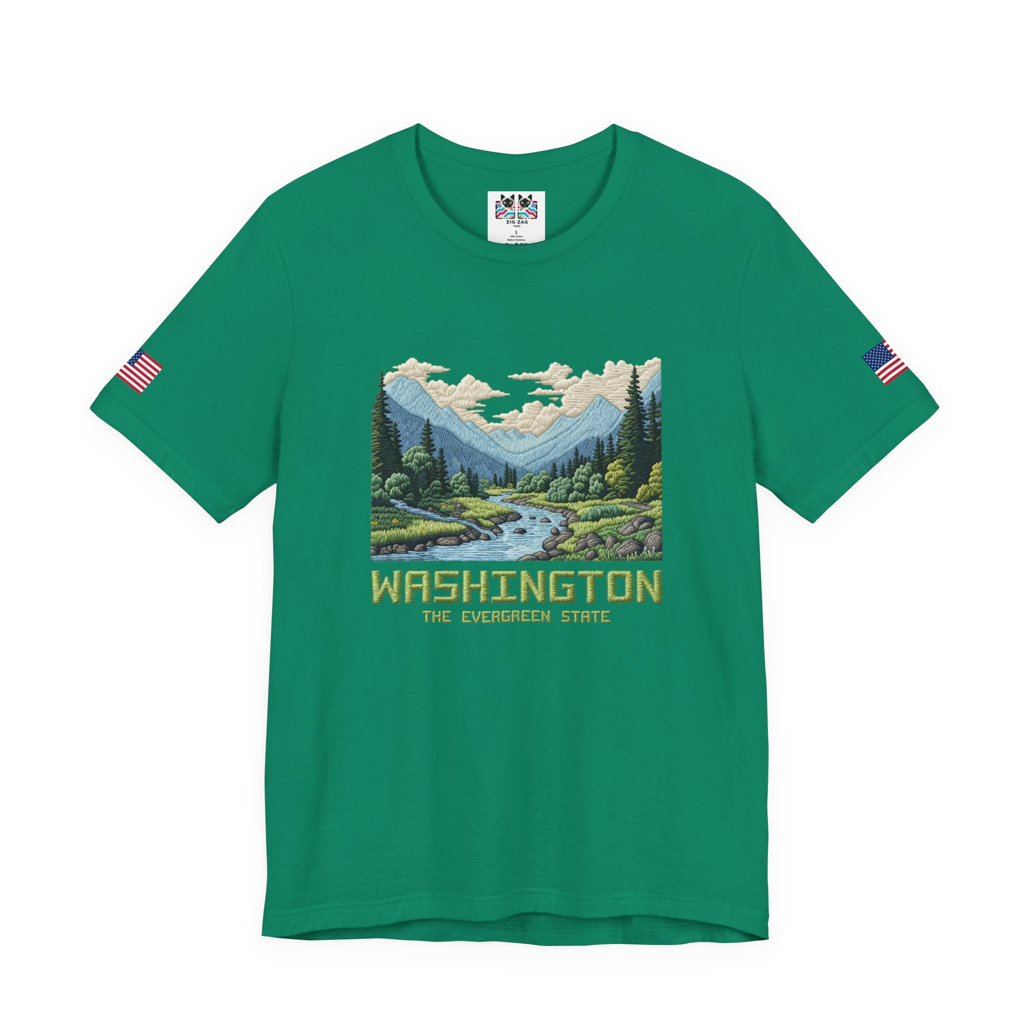 Washington The Evergreen State Embroidery-Style Mountain River Graphic T-Shirt | Pacific Northwest Nature Tee | WA Souvenir
