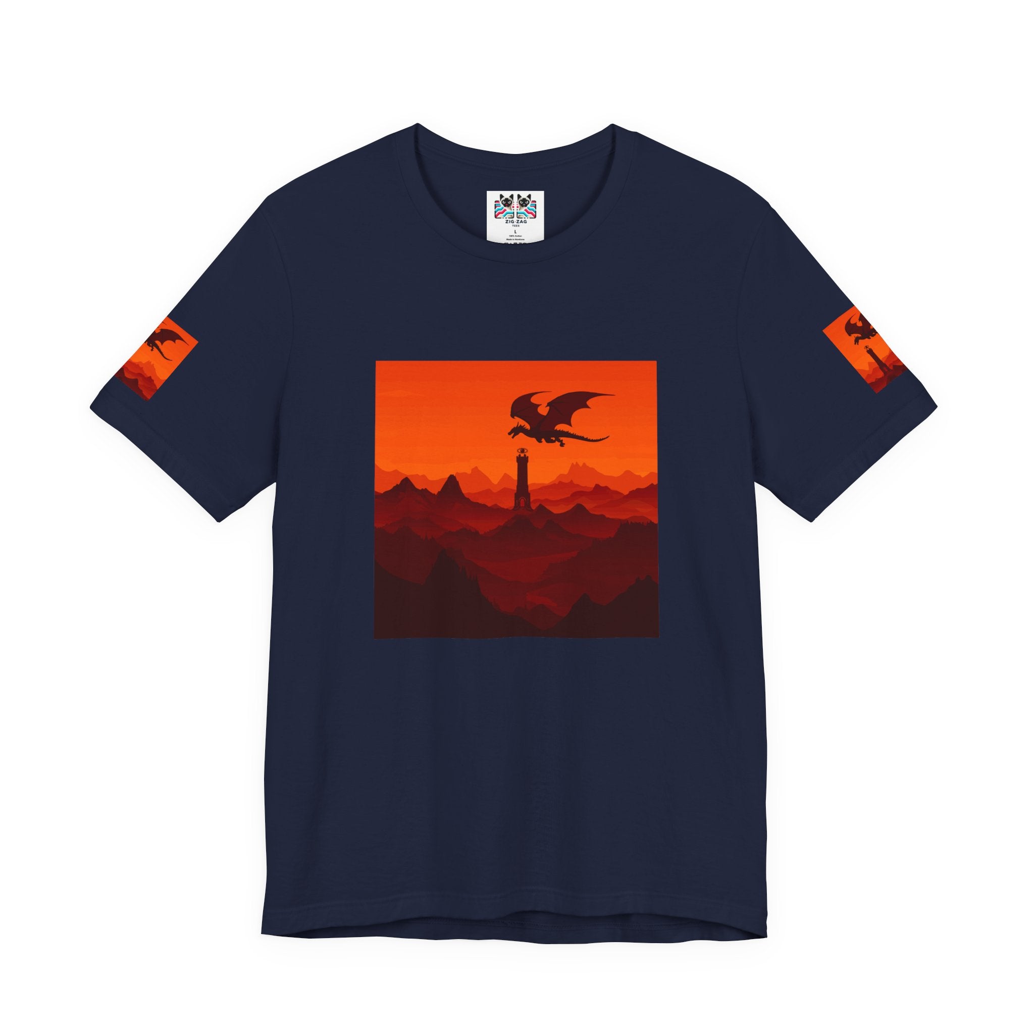 Dragon Sunset T-Shirt – Silhouette Flying Dragon Mountain Landscape Fantasy Graphic Tee