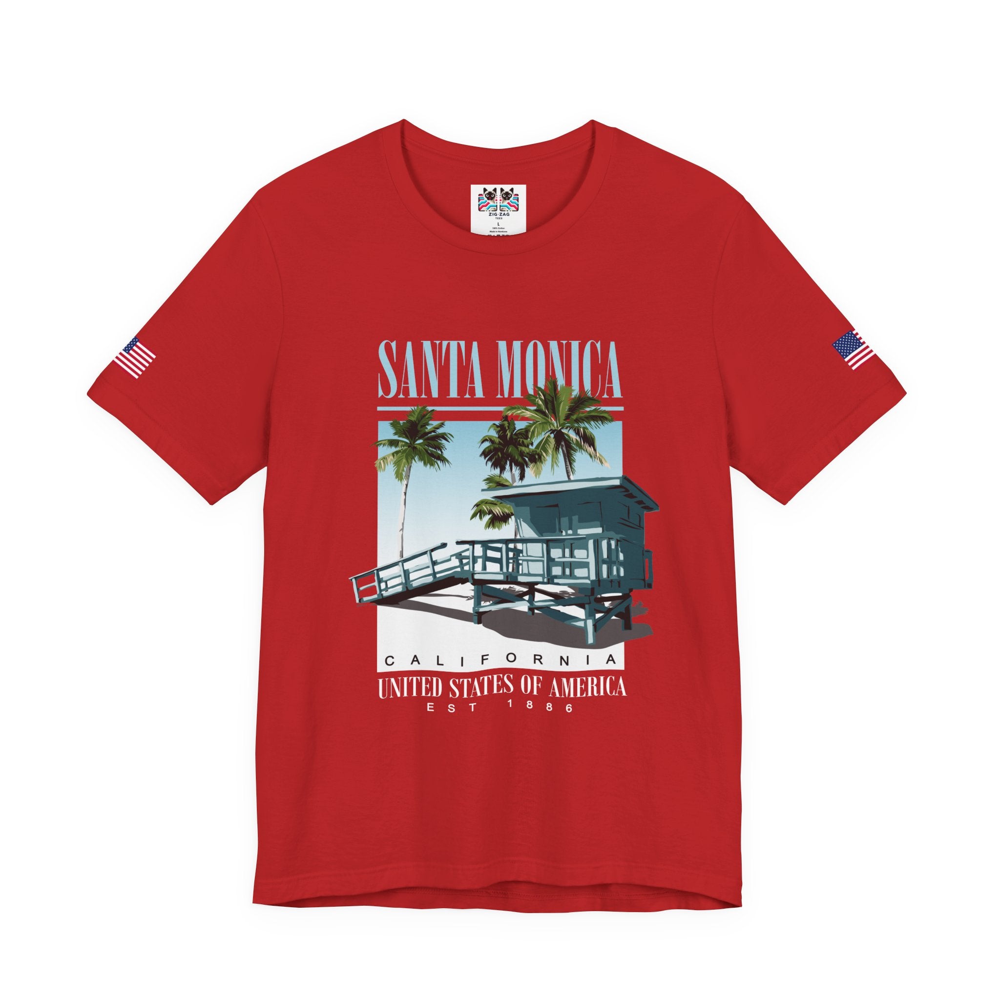 Santa Monica California EST 1886 T-Shirt – Lifeguard Tower Palm Tree Beach Tee
