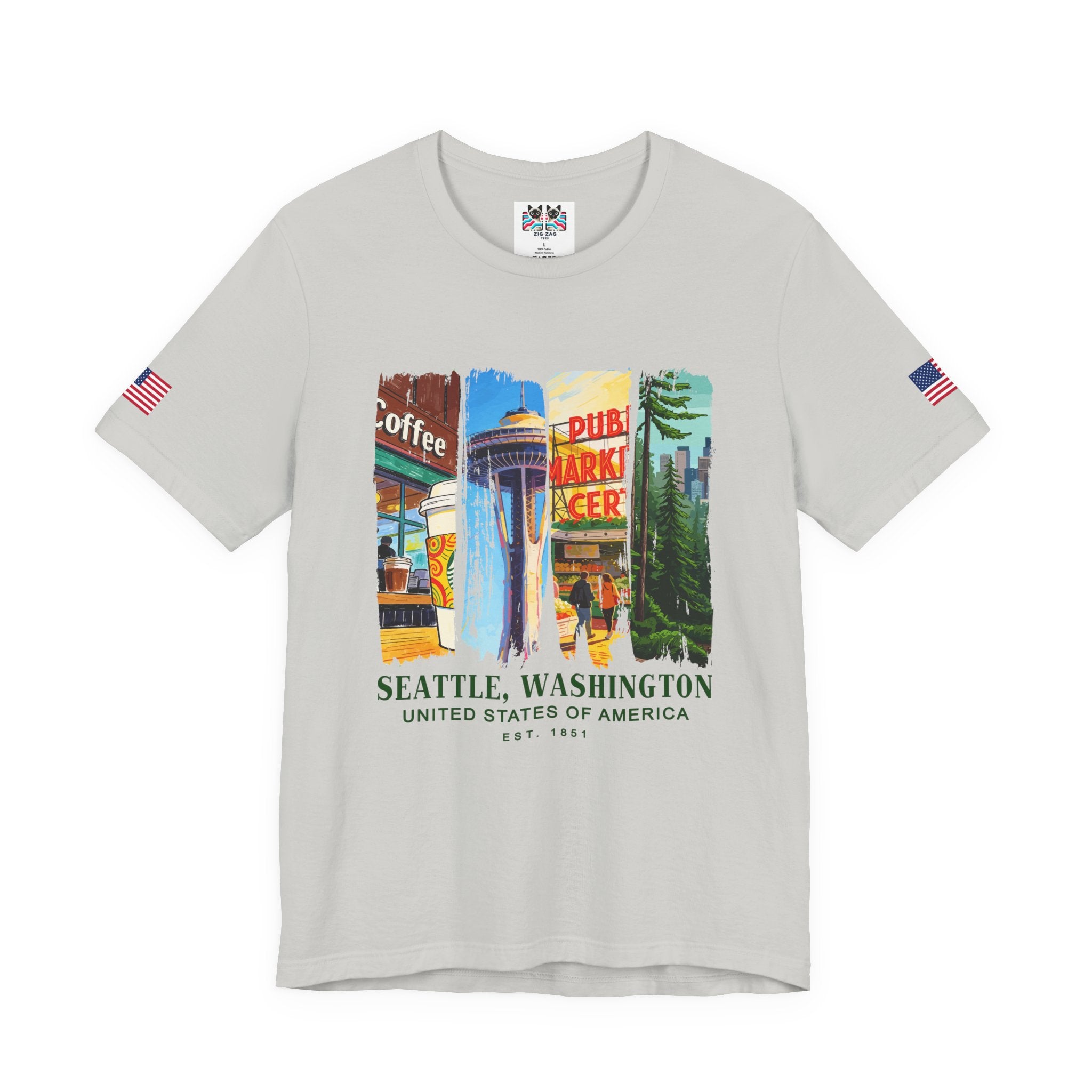 Seattle Washington Icons Collage T-Shirt | Coffee Space Needle Pike Place Market Graphic Tee | Seattle Souvenir
