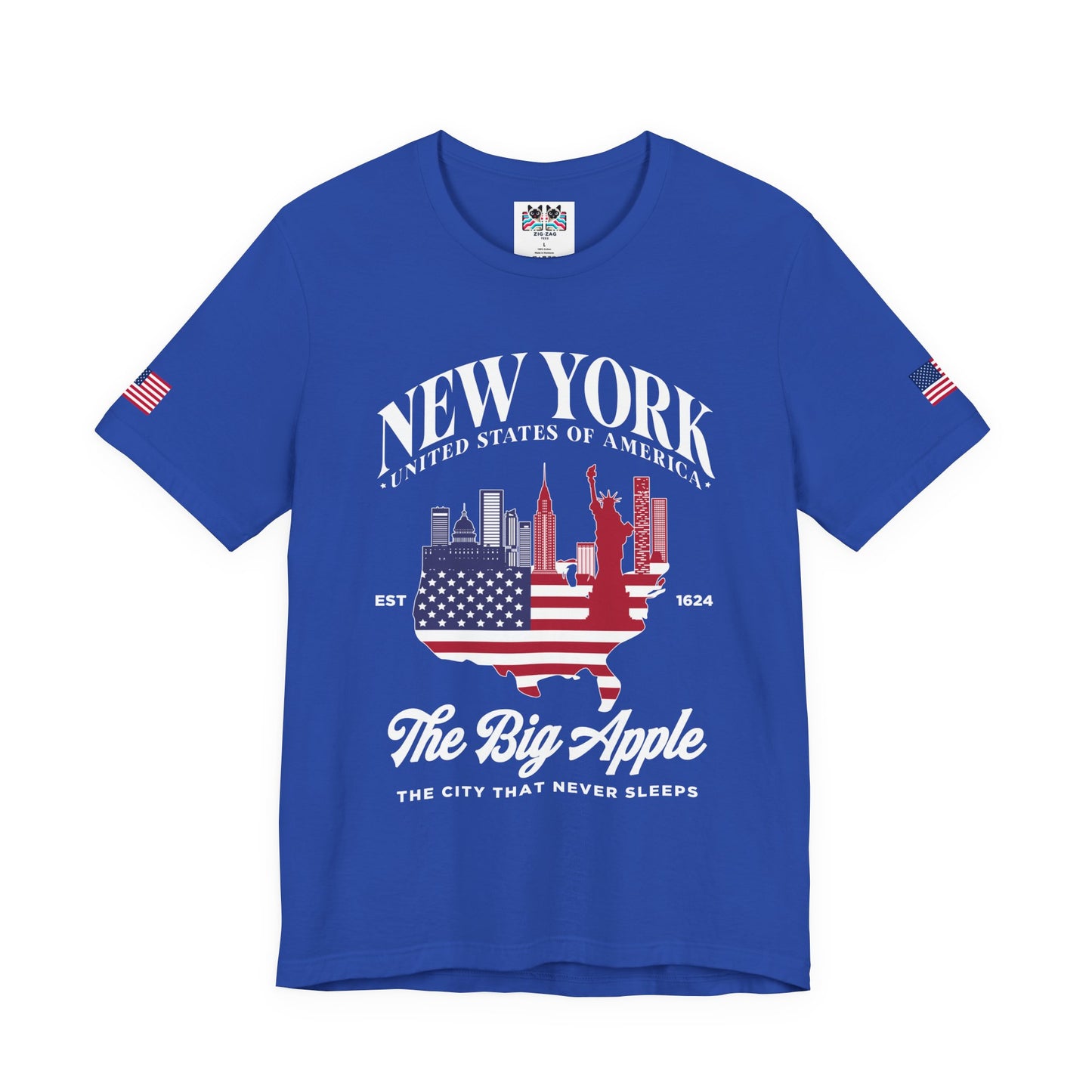 New York The Big Apple T-Shirt - NYC Skyline USA Flag Design Est 1624