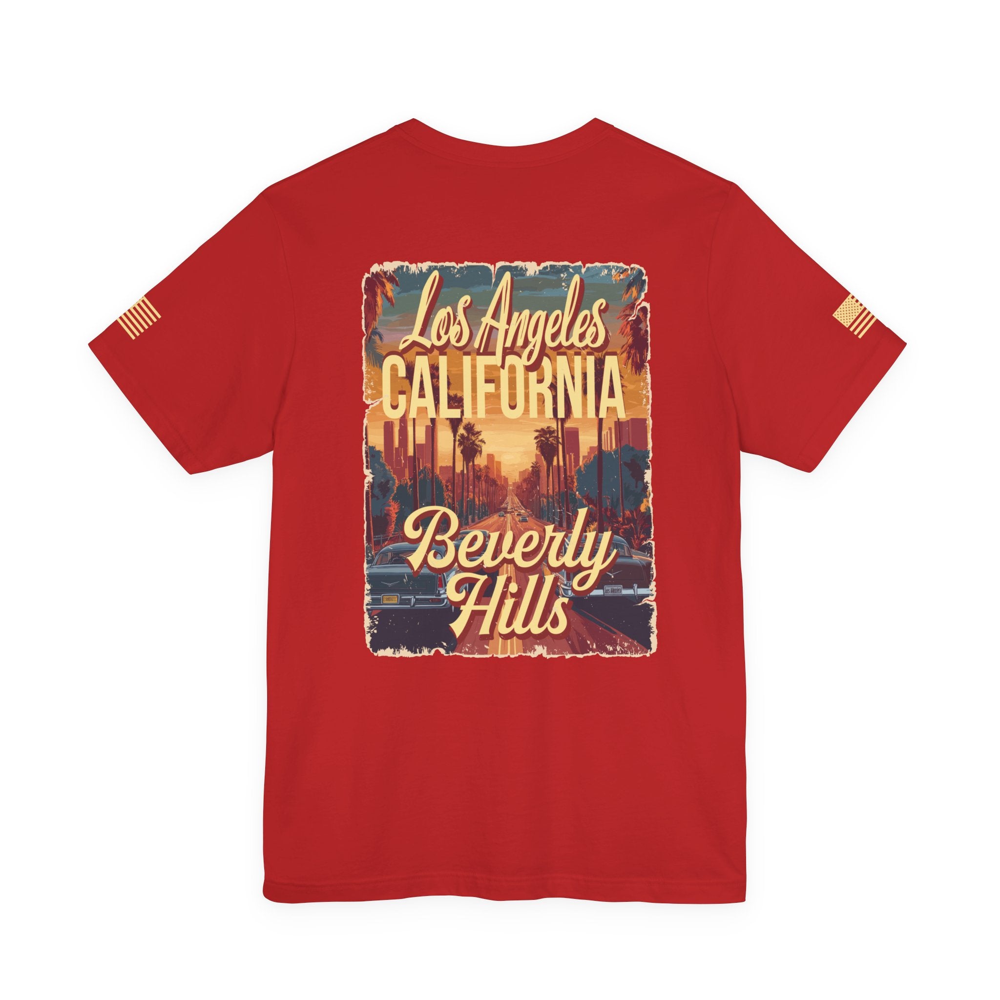 Beverly Hills Los Angeles California Front & Back T-Shirt – Vintage Classic Car Street Scene Tee