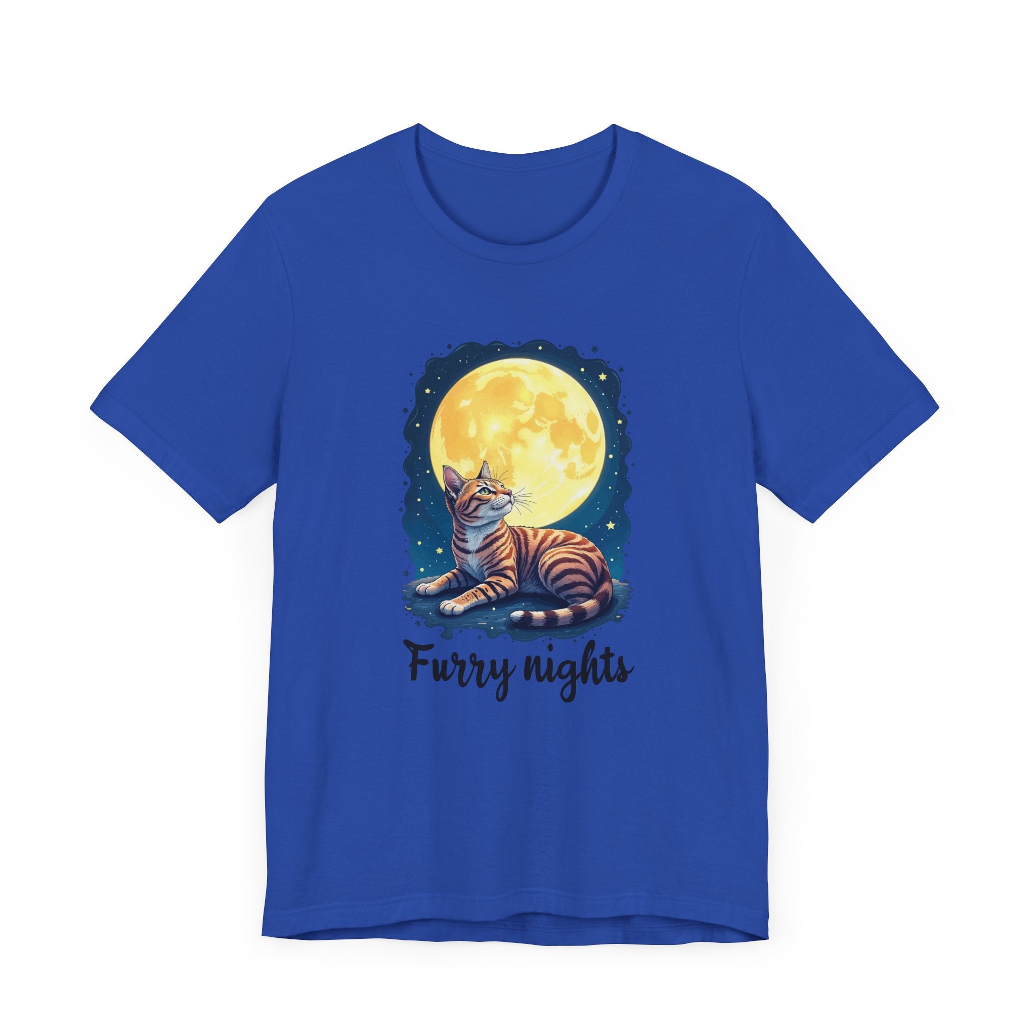 Moon Bath  - Furry Nights – Cat Watching Full Moon and Starry Sky Graphic T-Shirt